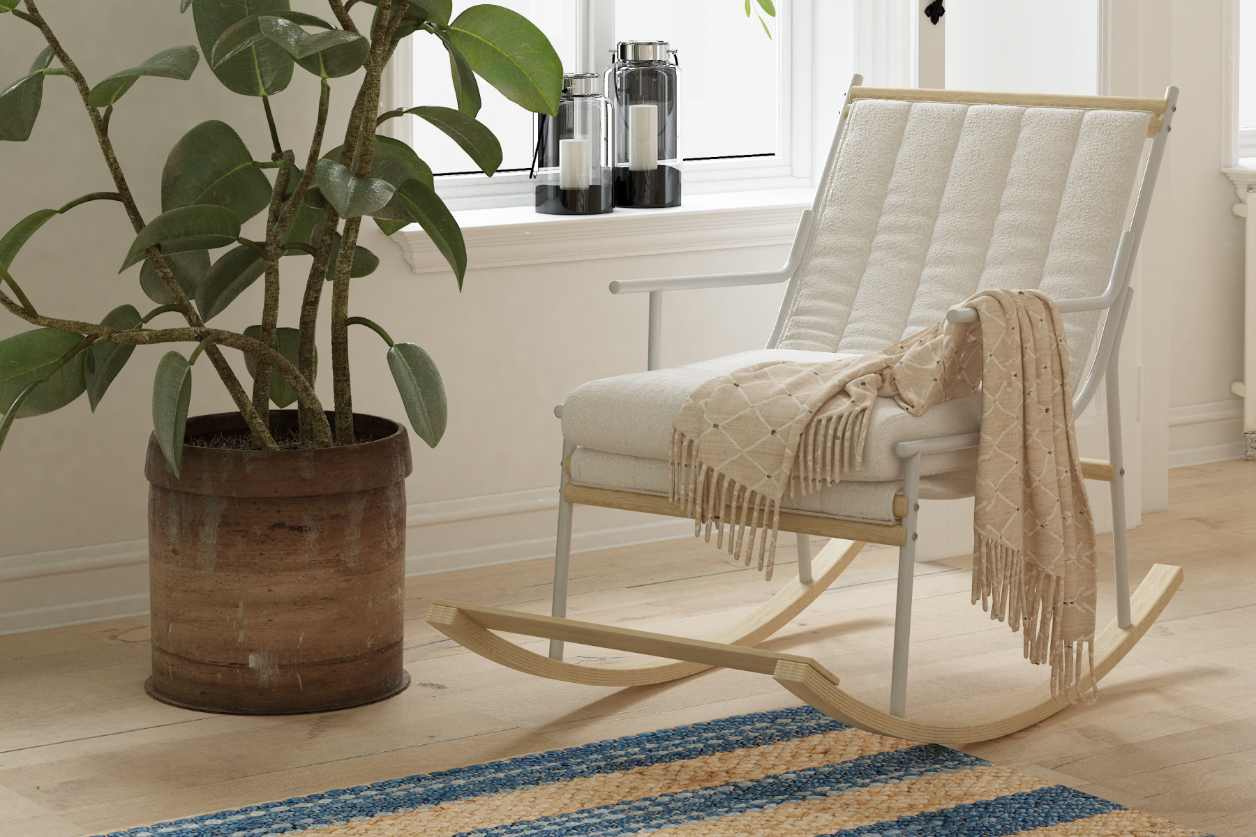 Bal Ahşap-Metal Beyaz Ayak Teddy Beyaz Sallanan Koltuk Tv Sandalyesi