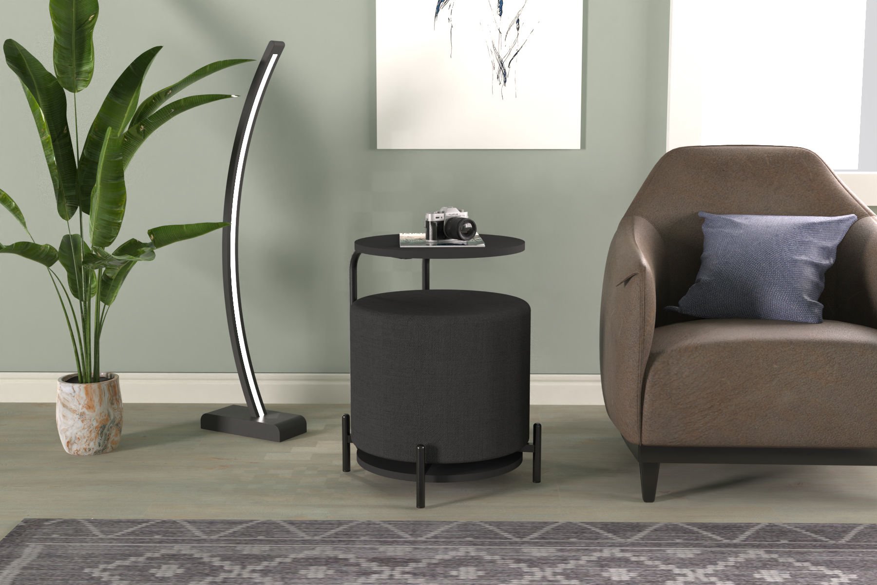 Çok Amaçlı Siyah Metal C Sehpa Puf Seti