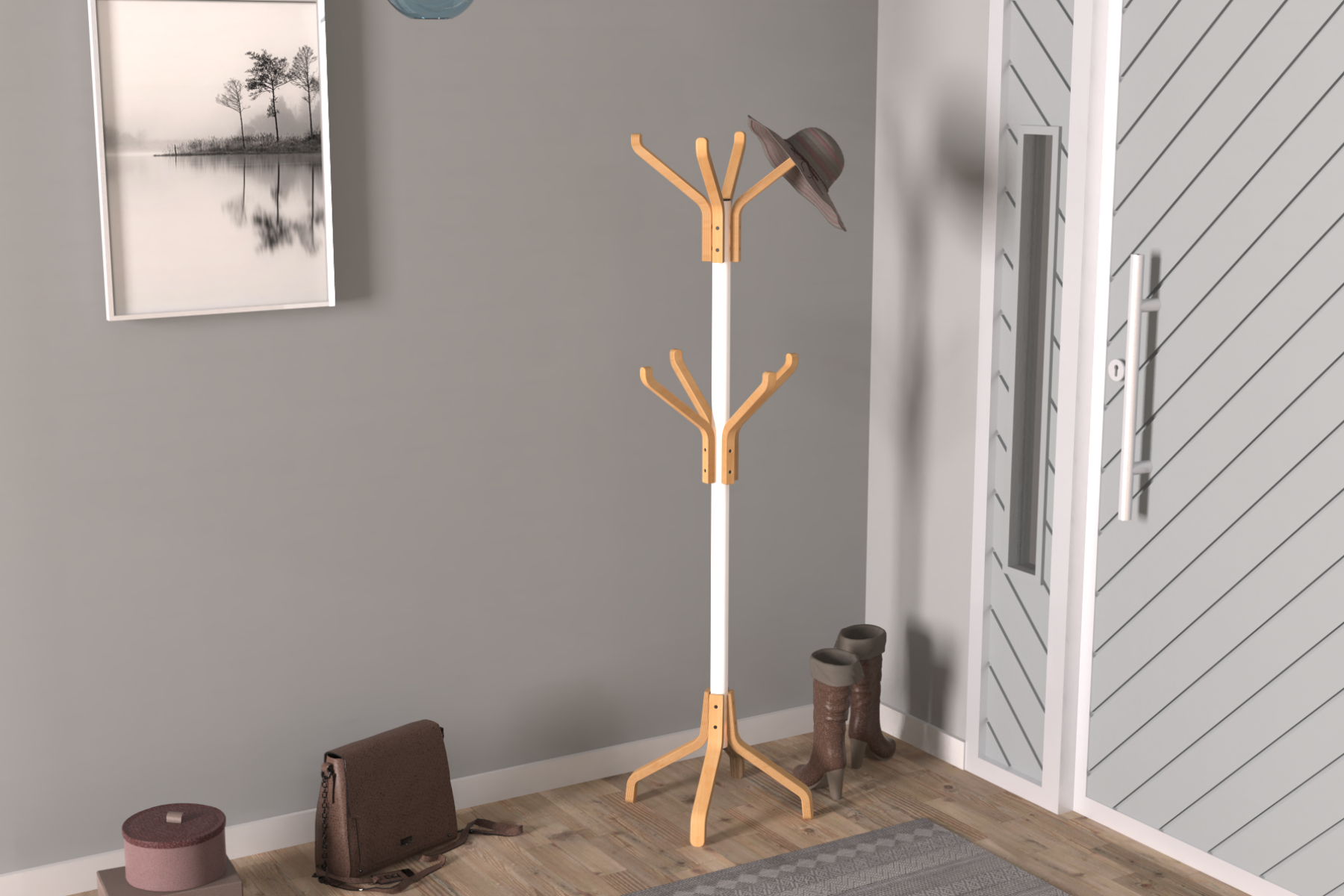 Vilinze Vesti Ahşap Ayaklı Beyaz Metal Portmanto Elbise Askılığı Naturel - 8 Kollu