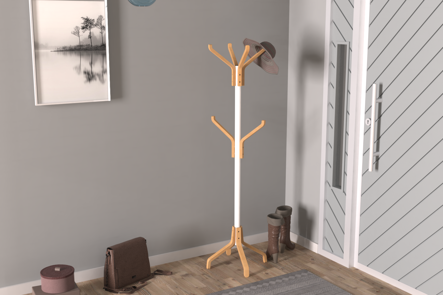 Vilinze Vesti Ahşap Ayaklı Beyaz Metal Portmanto Elbise Askılığı Naturel - 6 Kollu