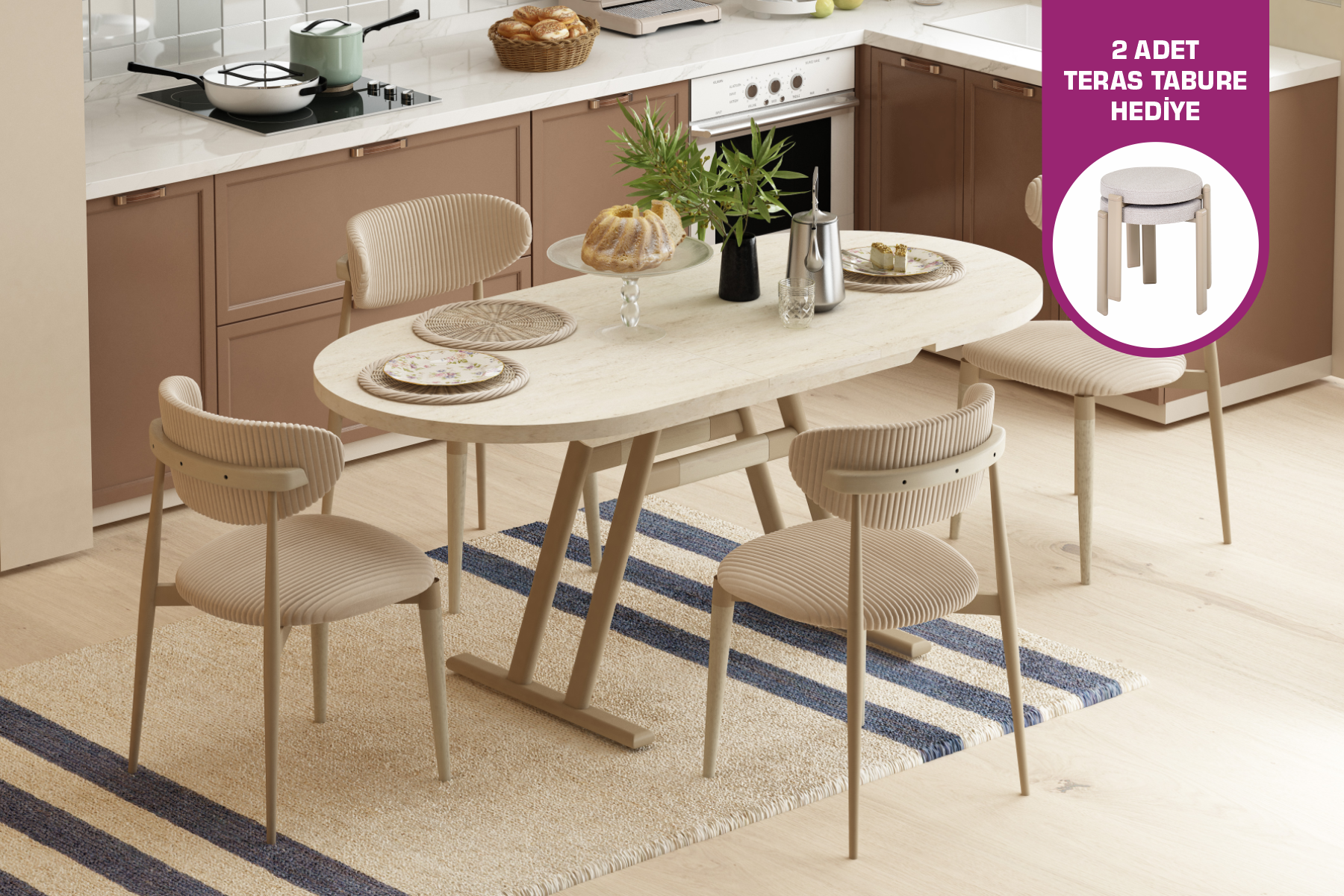 Vilinze Venüs Sandalye Afyon Mutfak Masası Takımı - 80x140 cm