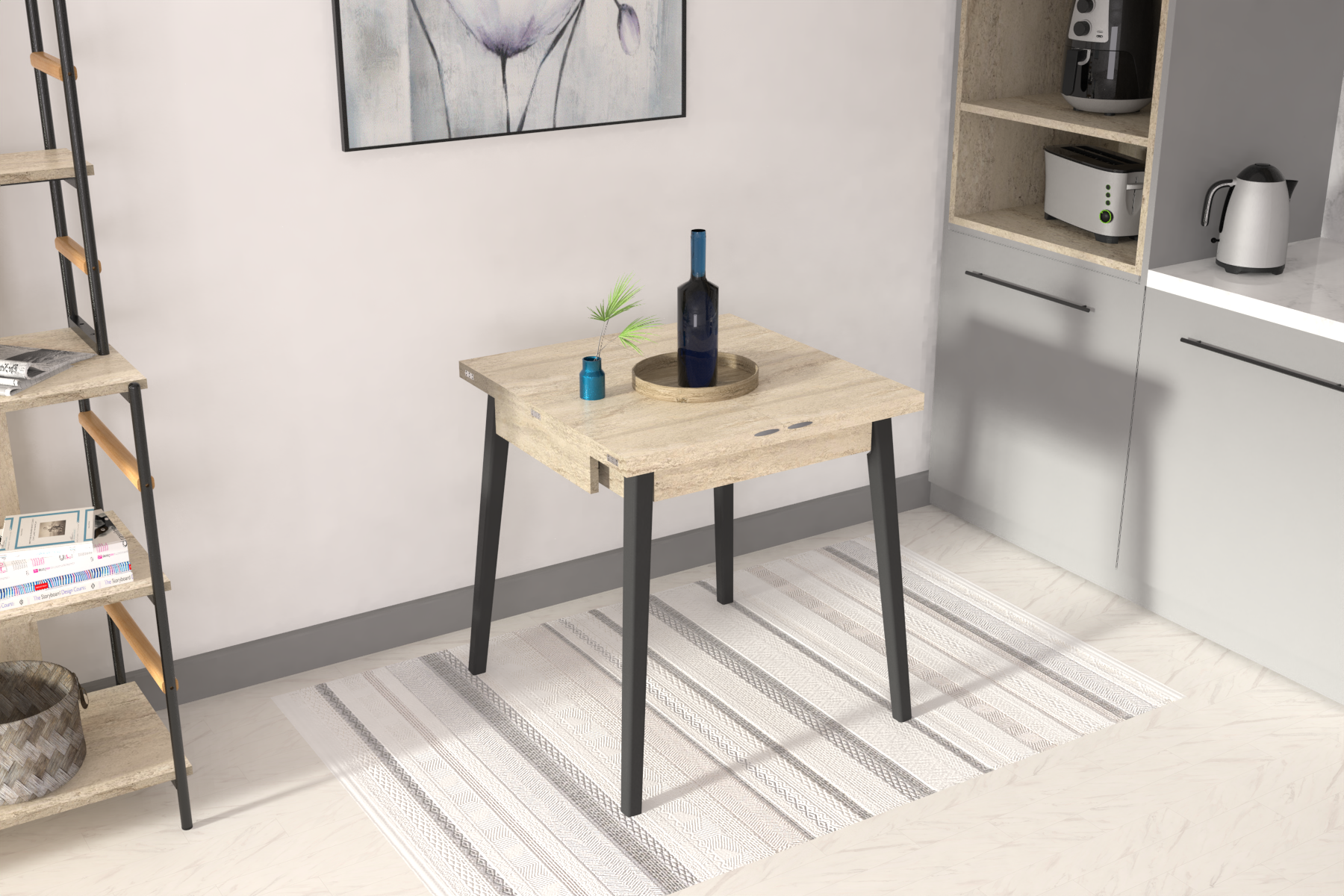 Avanos Ahşap Katlanır Kanatlı Mdf Mutfak Masası - 70x70+70 (70x140) cm