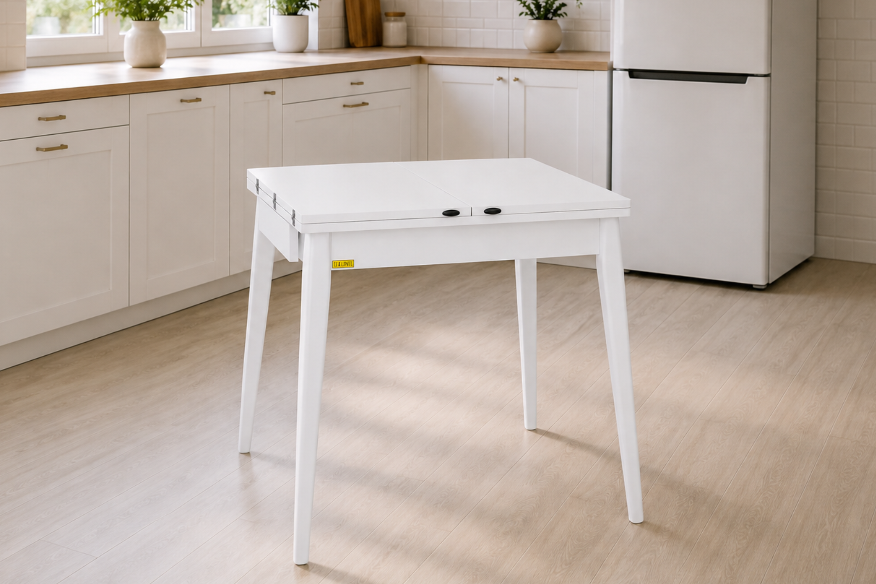 Vilinze Avanos Ahşap Katlanır Kanatlı Mdf Mutfak Masası - 70x70+70 (70x140) cm Beyaz - Beyaz