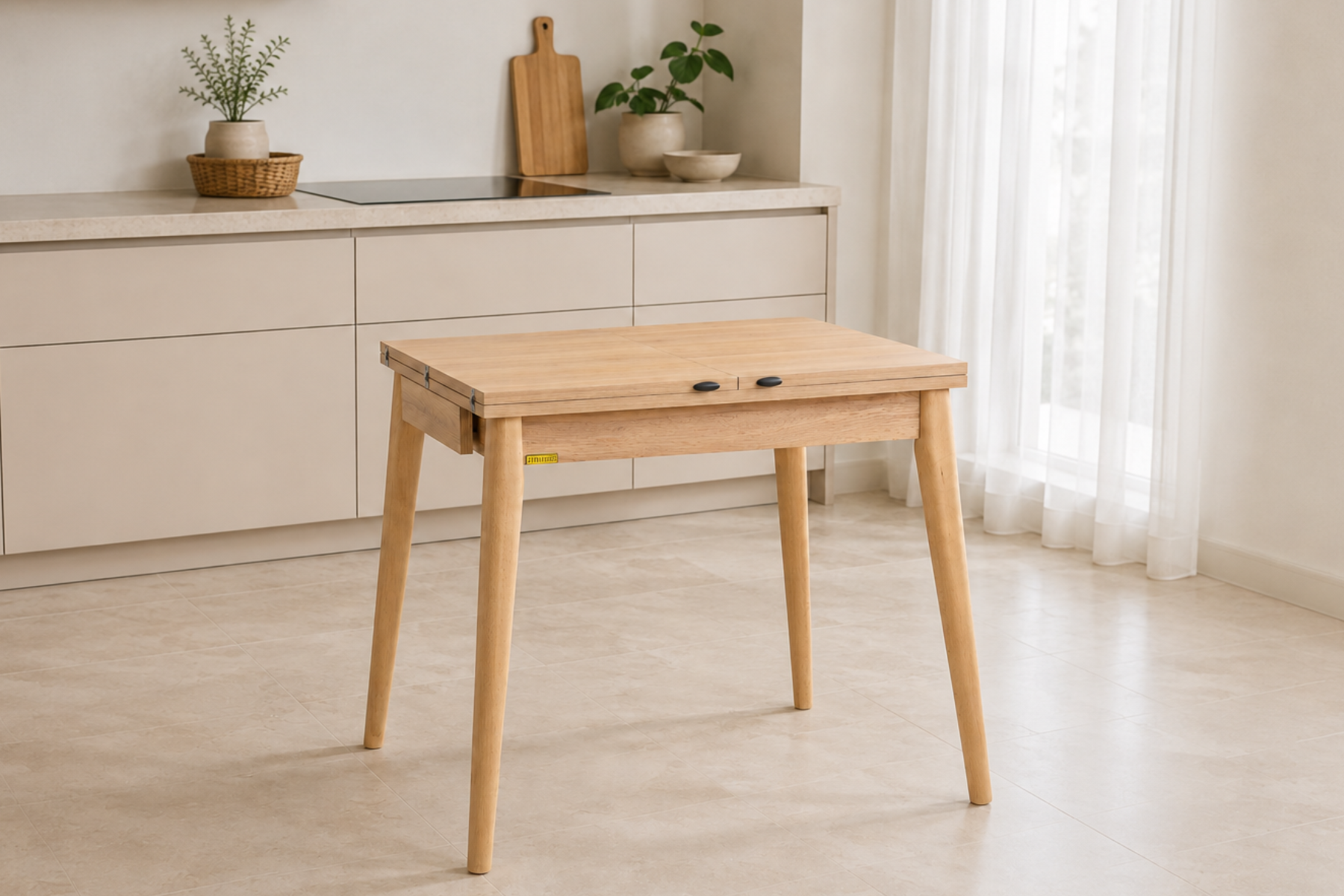 Vilinze Avanos Ahşap Katlanır Kanatlı Mdf Mutfak Masası - 70x70+70 (70x140) cm Naturel - Naturel