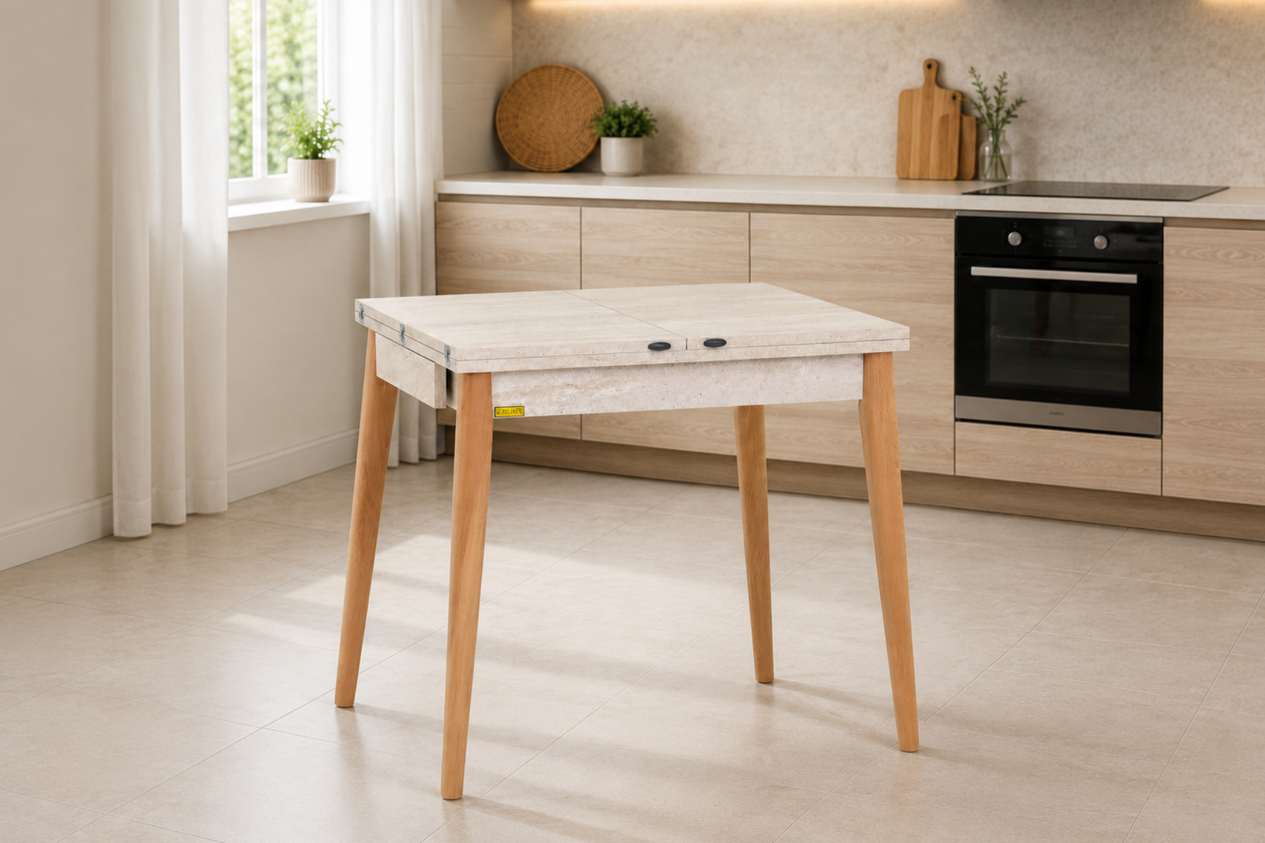Vilinze Avanos Ahşap Katlanır Kanatlı Mdf Mutfak Masası - 70x70+70 (70x140) cm Traverten - Naturel