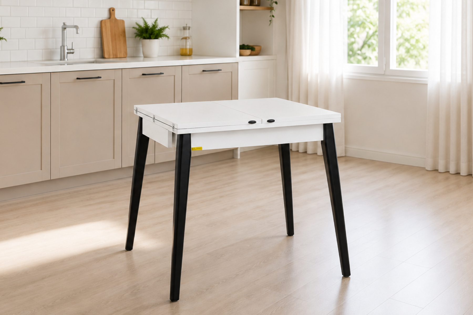 Vilinze Avanos Ahşap Katlanır Kanatlı Mdf Mutfak Masası - 70x70+70 (70x140) cm Beyaz - Siyah