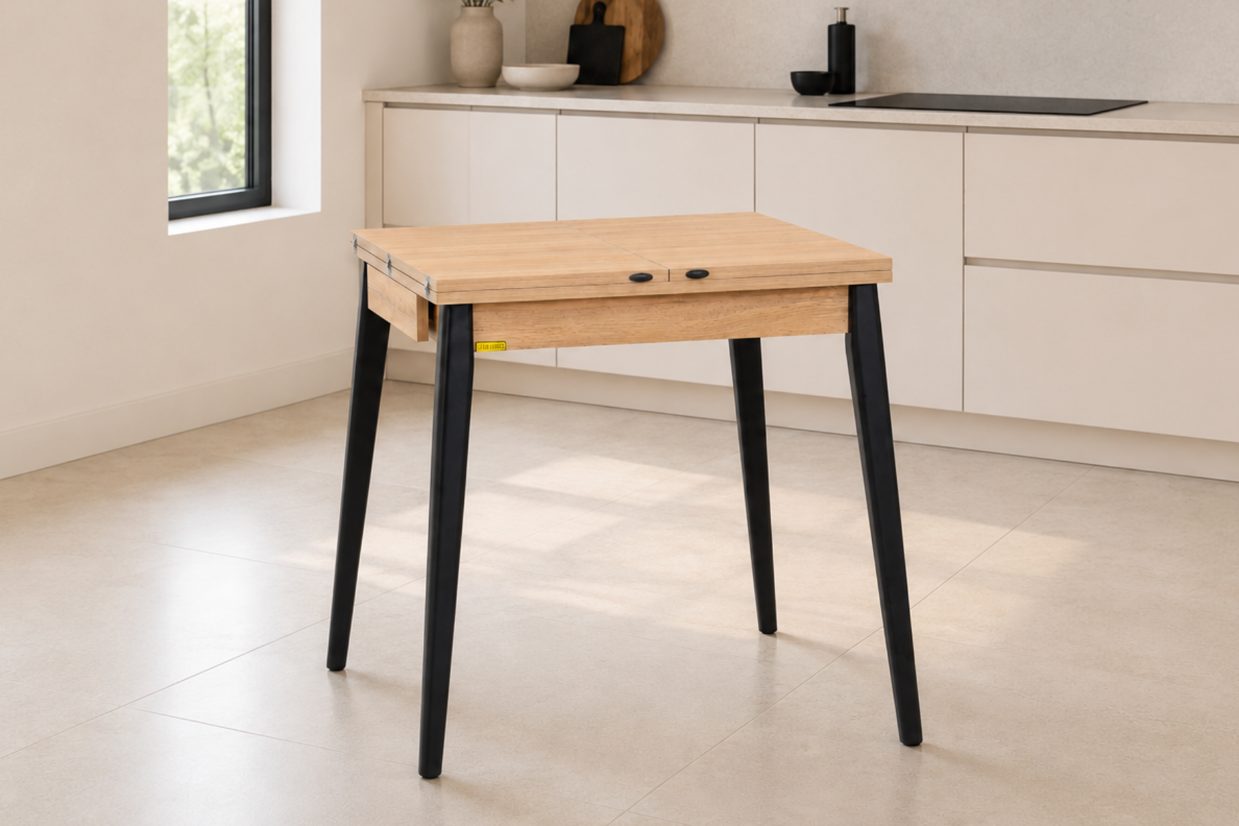 Vilinze Avanos Ahşap Katlanır Kanatlı Mdf Mutfak Masası - 70x70+70 (70x140) cm Naturel - Siyah