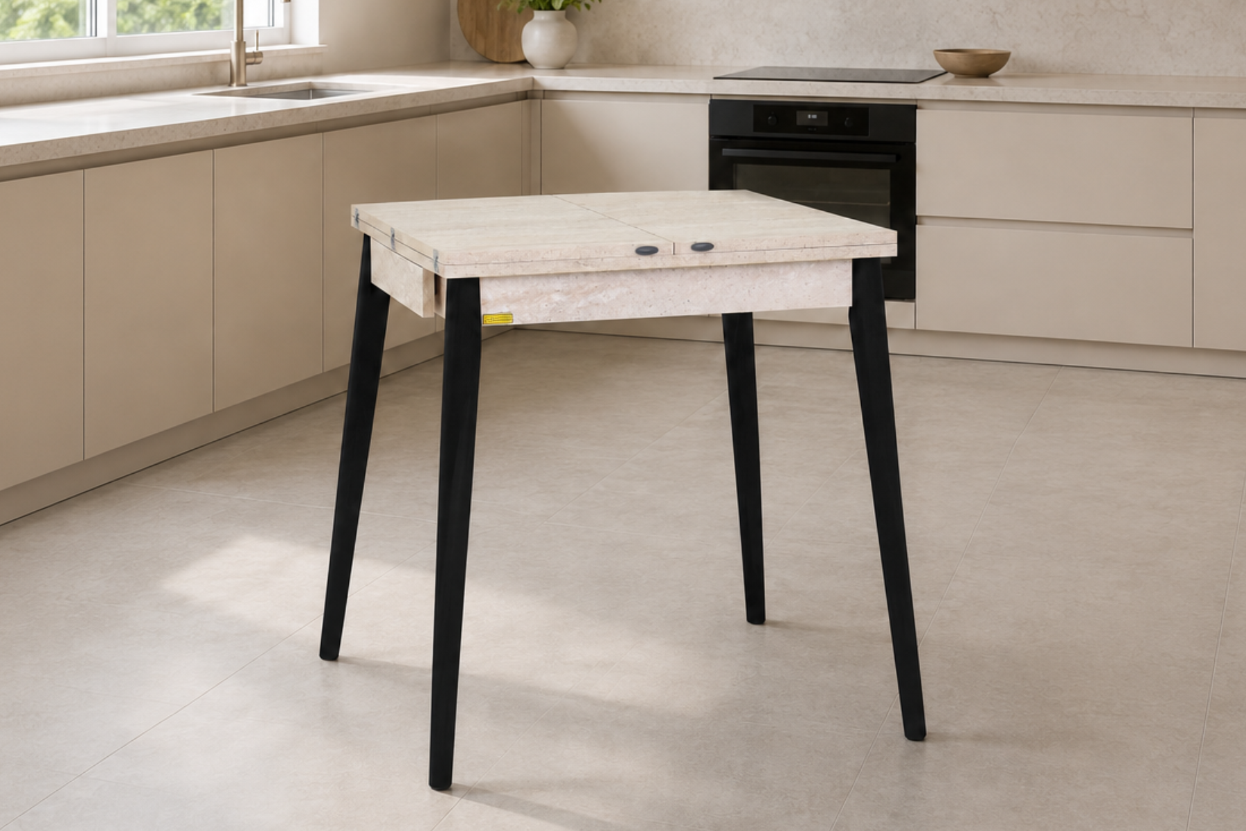 Vilinze Avanos Ahşap Katlanır Kanatlı Mdf Mutfak Masası - 70x70+70 (70x140) cm Traverten - Siyah