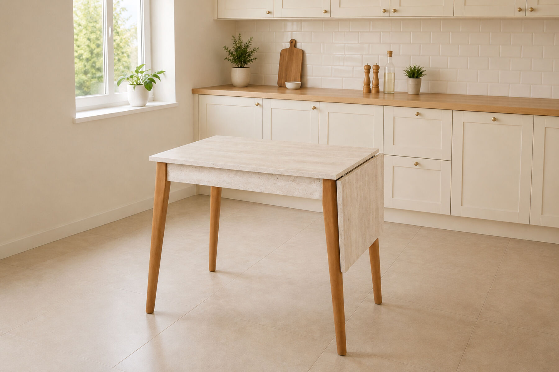Vilinze Avanos Katlanır Mdf Ahşap Mutfak Masası - 70x80 cm (70x120 cm) Traverten - Naturel