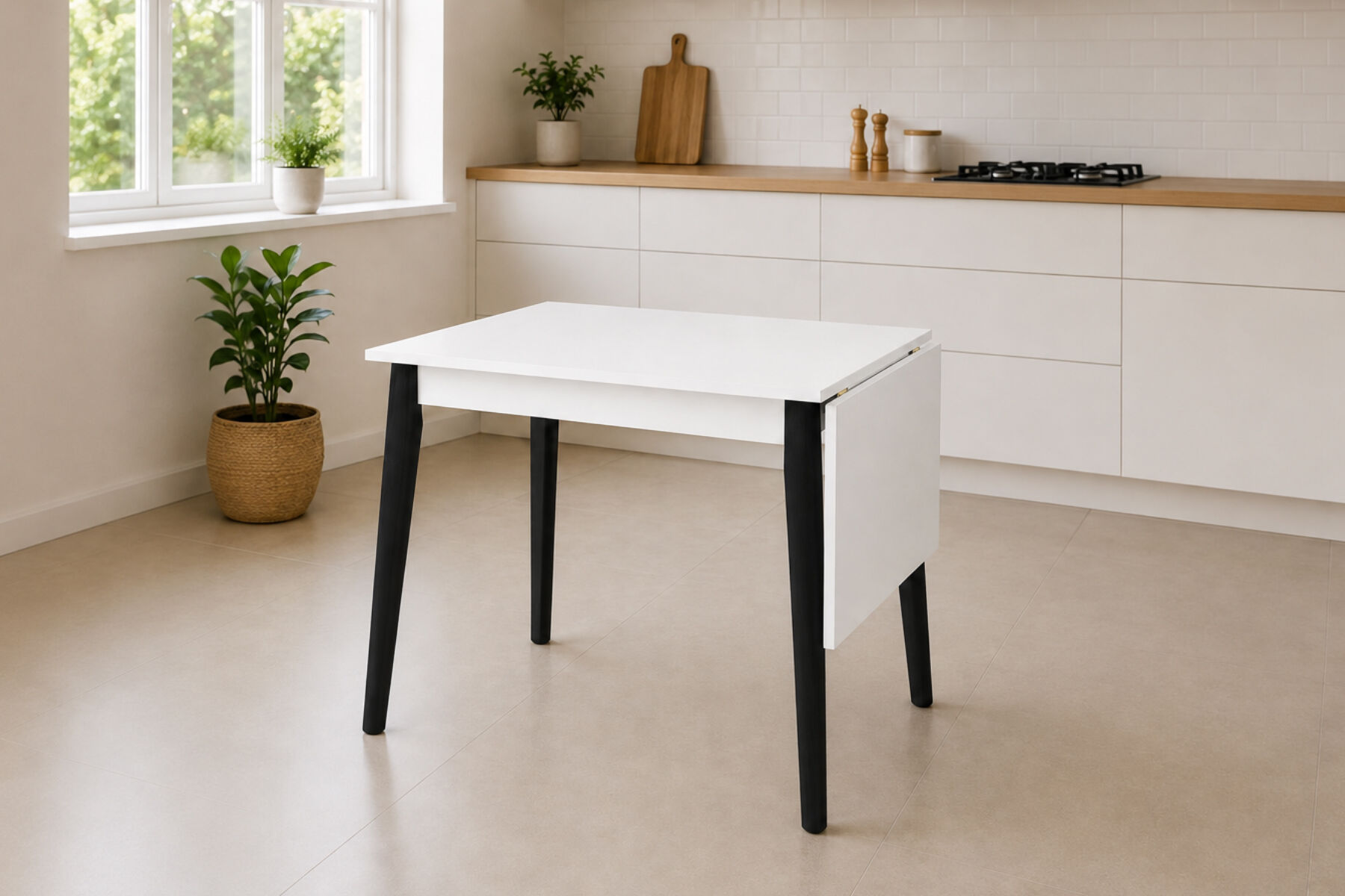 Vilinze Avanos Katlanır Mdf Ahşap Mutfak Masası - 70x80 cm (70x120 cm) Beyaz - Siyah