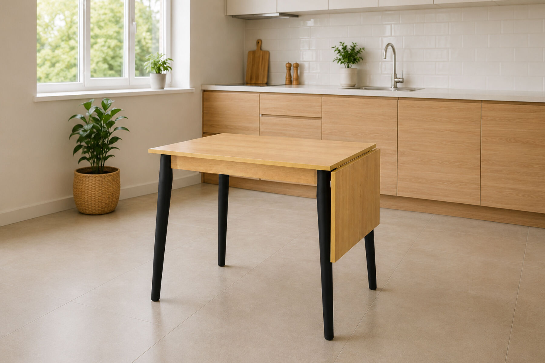 Vilinze Avanos Katlanır Mdf Ahşap Mutfak Masası - 70x80 cm (70x120 cm) Naturel - Siyah