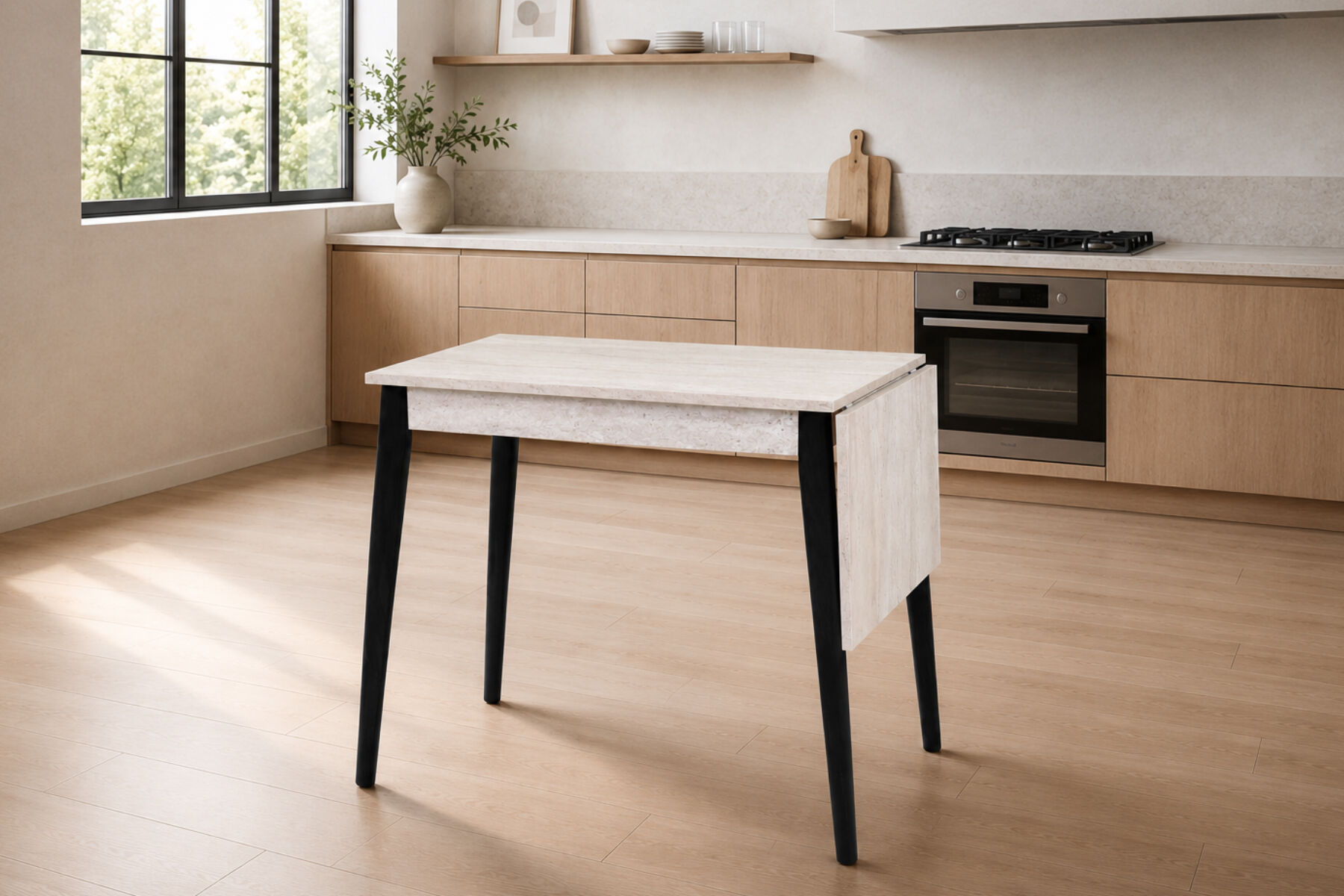 Vilinze Avanos Katlanır Mdf Ahşap Mutfak Masası - 70x80 cm (70x120 cm) Traverten - Siyah