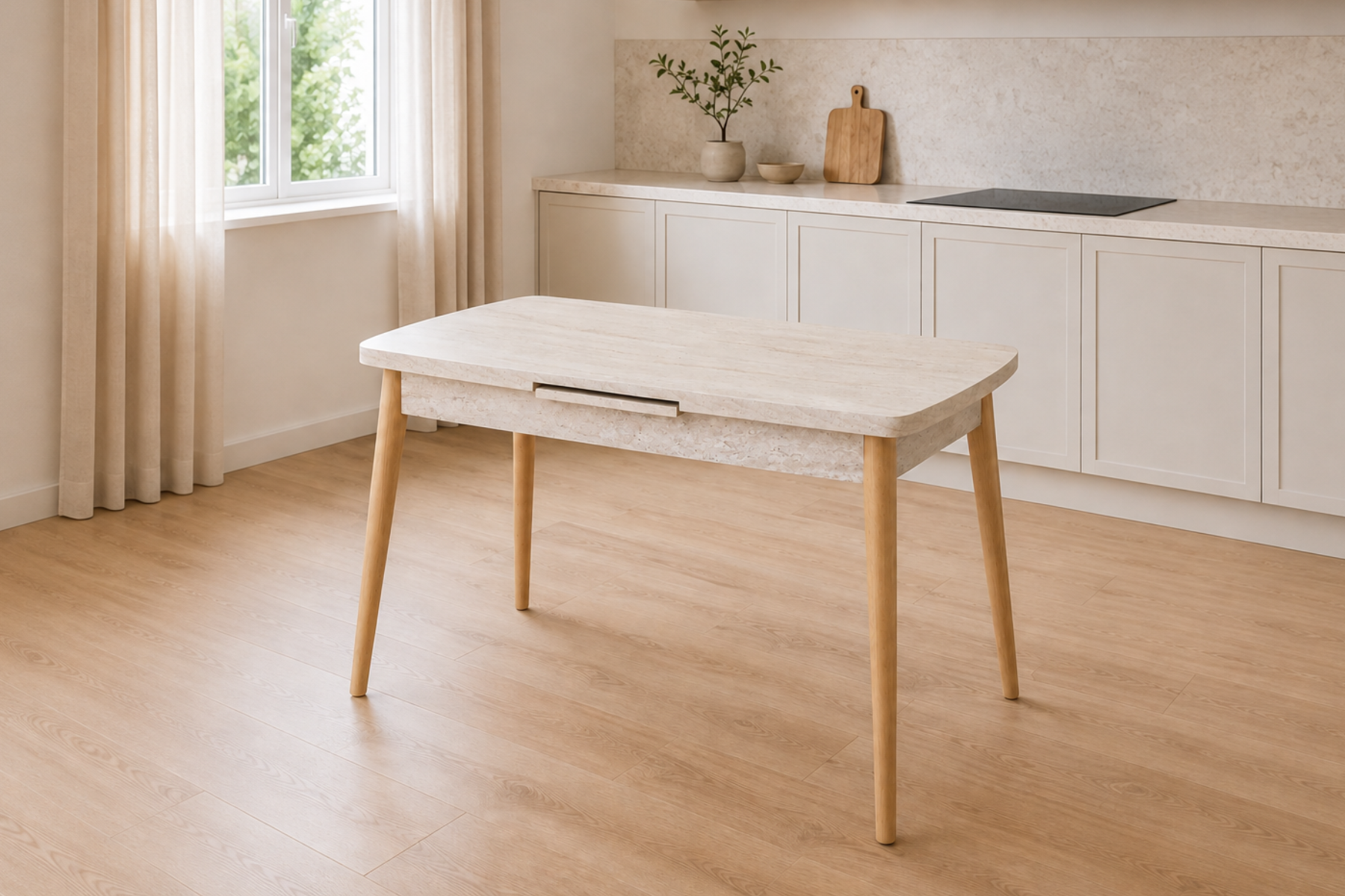 Vilinze Avanos Ahşap Açılır Kapanır Mdf Mutfak Masası - 70x120+30 cm Traverten - Naturel