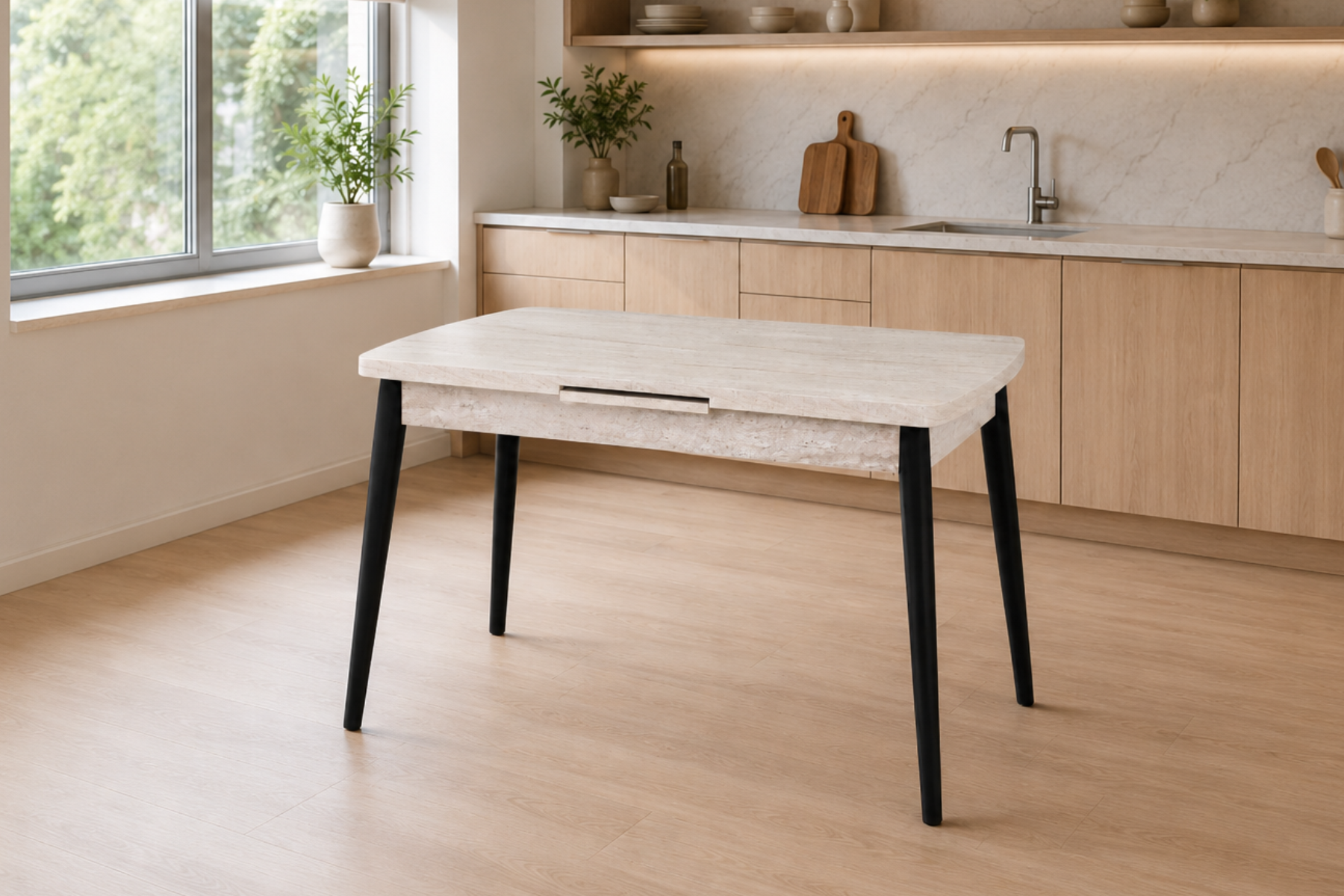 Vilinze Avanos Ahşap Açılır Kapanır Mdf Mutfak Masası - 70x120+30 cm Traverten - Siyah