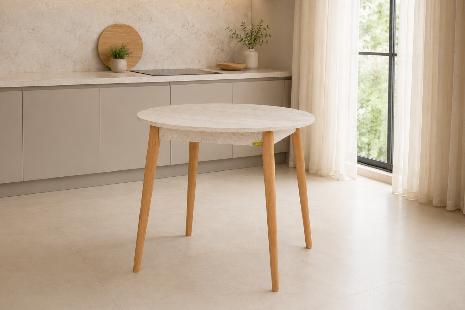 Vilinze Avanos Yuvarlak Sabit Mdf Mutfak Masası - Q90 Cm Traverten - Naturel
