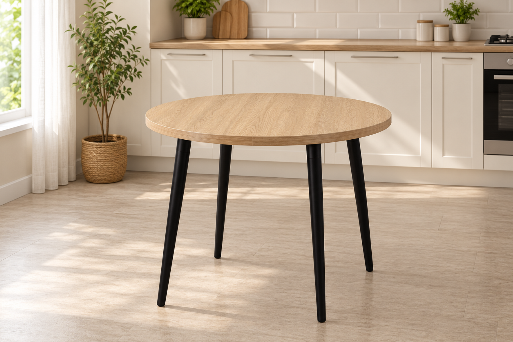Vilinze Argos Yuvarlak MDF Sabit Mutfak Masası - Q90 Cm Naturel/Siyah