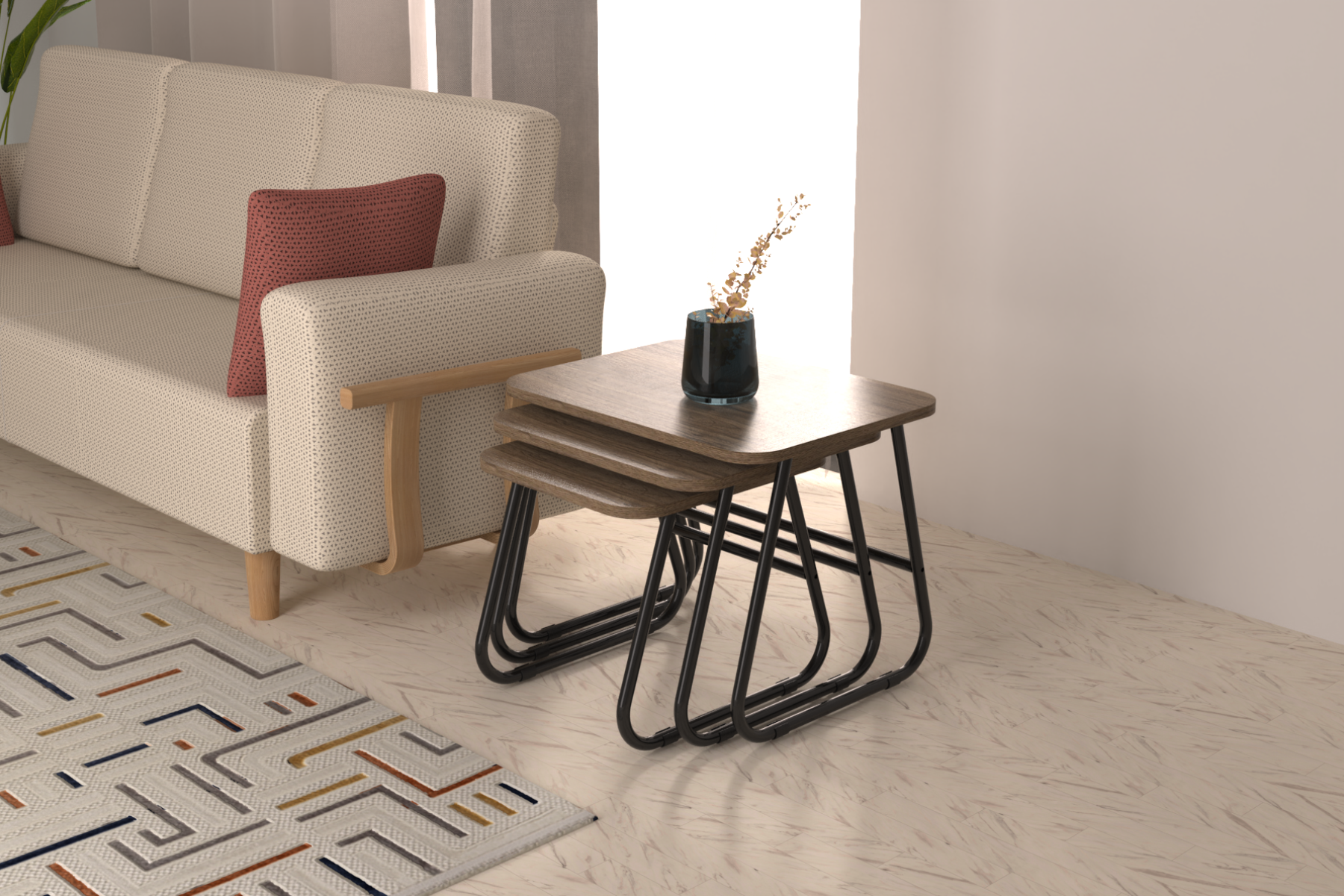 Vilinze Zigana Çok Amaçlı Siyah Metal Ayak 3'lü Zigon Sehpa