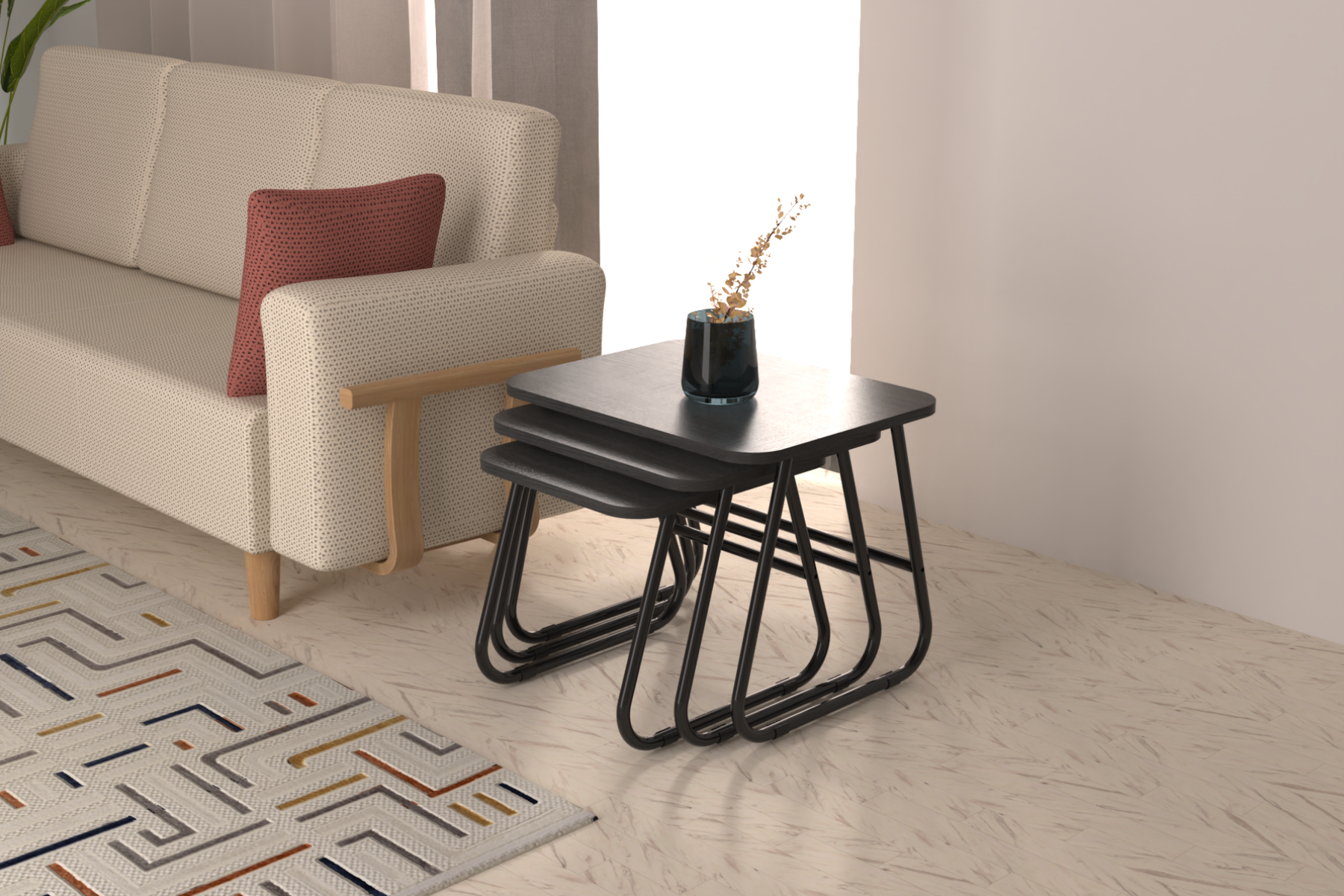 Vilinze Zigana Çok Amaçlı Siyah Metal Ayak 3'lü Zigon Sehpa Siyah