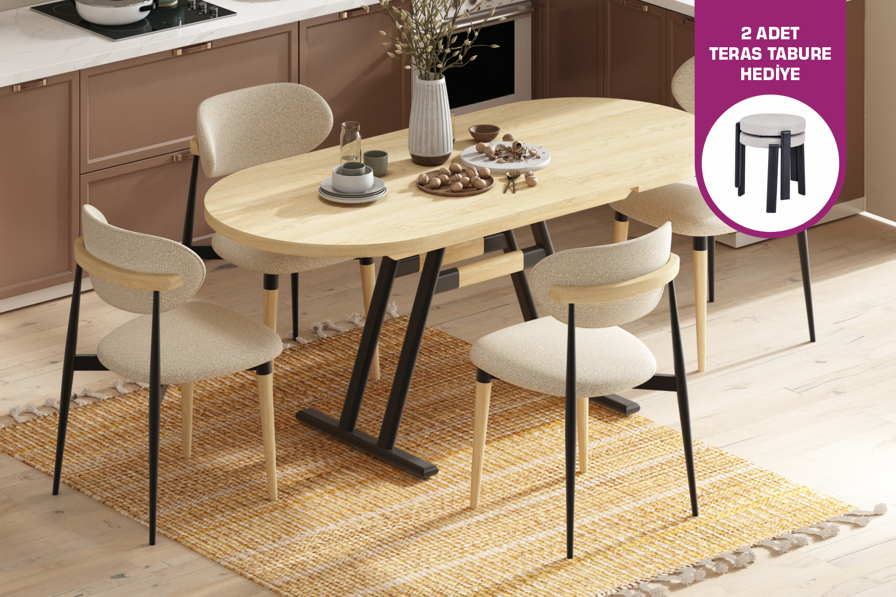 Vilinze Venüs Sandalye Afyon Mutfak Masası Takımı - 80x140 cm