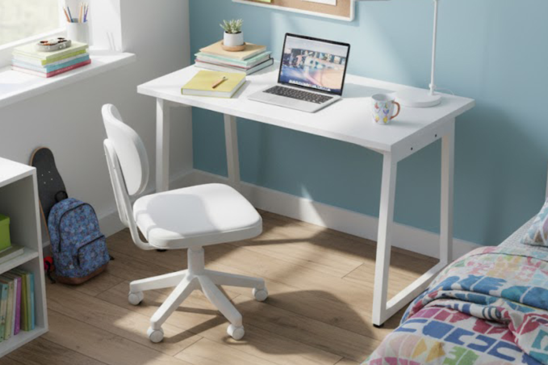 Vilinze Biga Çalışma Ofis Masası ve Deniz Çalışma Ofis Sandalyesi Set - 60x120 cm Beyaz/Kolsuz