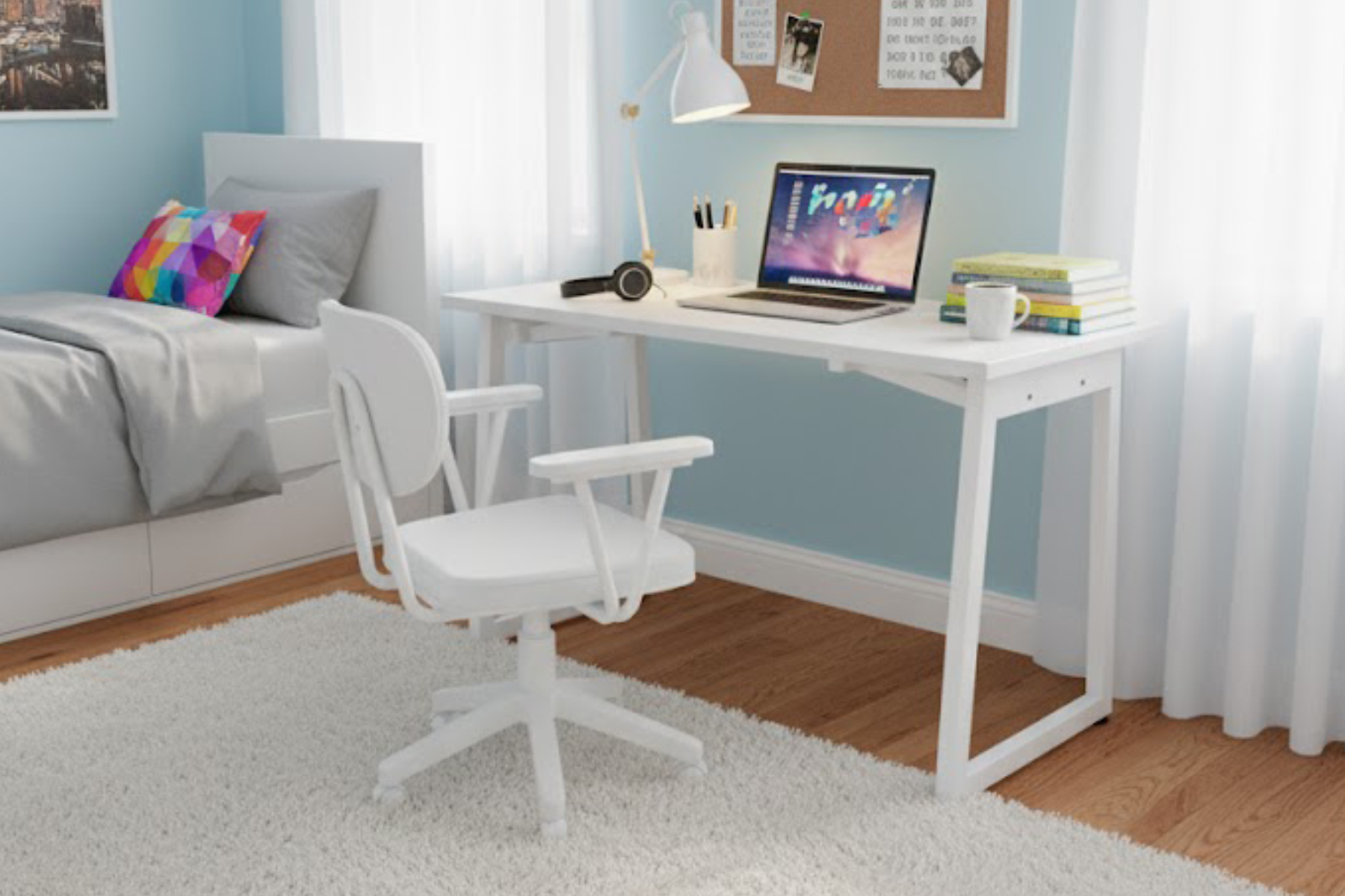 Vilinze Biga Çalışma Ofis Masası ve Deniz Çalışma Ofis Sandalyesi Set - 60x120 cm Beyaz/Kollu
