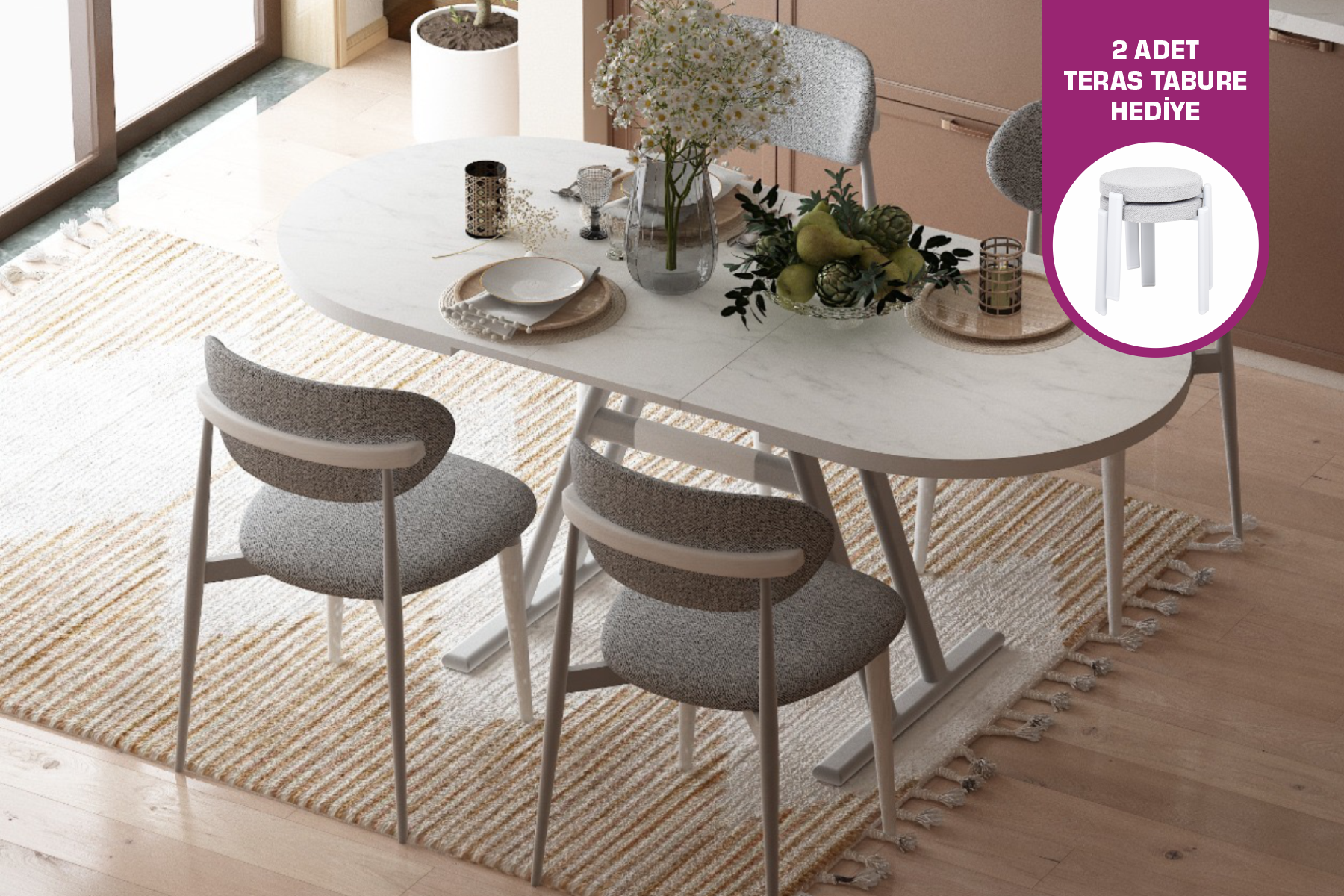 Vilinze Venüs Sandalye Afyon Mutfak Masası Takımı - 80x140 cm