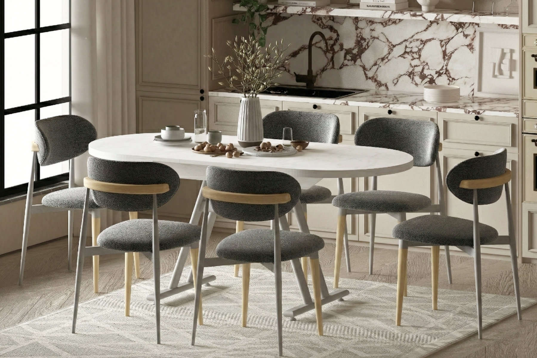 Vilinze Venüs Sandalye Afyon Mutfak Masası Takımı - 80x140 cm Naturel - 6 Adet