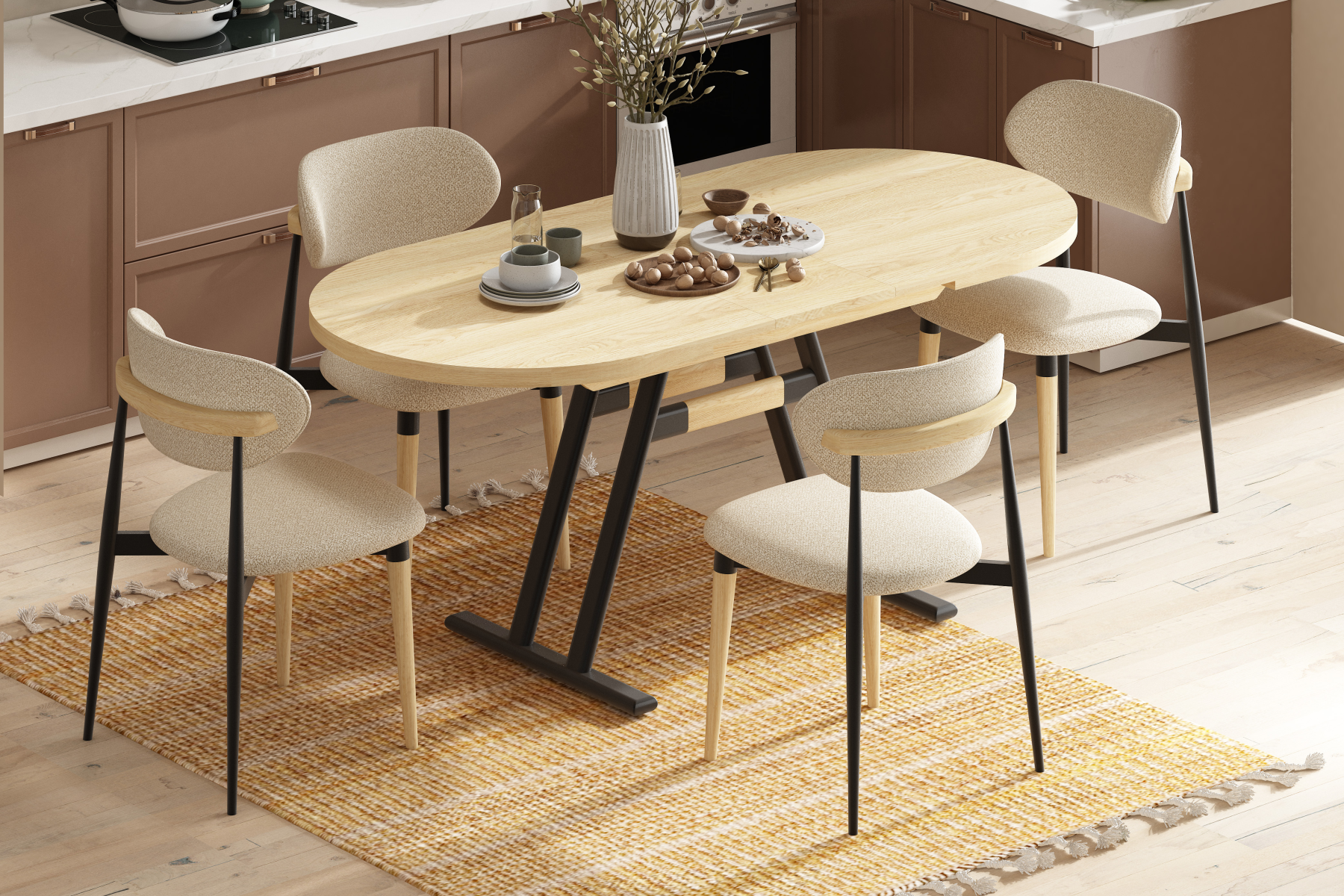 Vilinze Venüs Sandalye Afyon Mutfak Masası Takımı - 80x140 cm Naturel/Siyah - 4 Adet