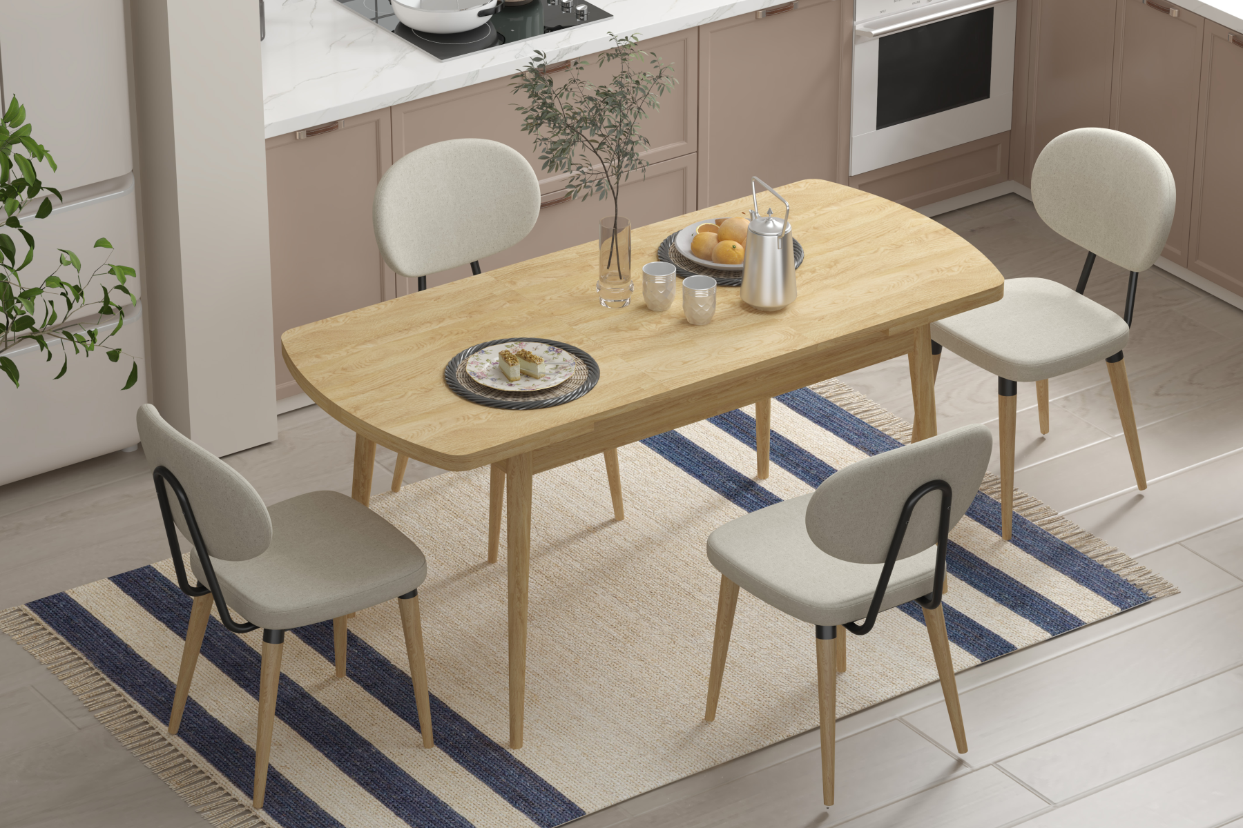 Vilinze Akdeniz Sandalye Golf Mutfak Masası Takımı - 70x120 cm Beyaz - Naturel - 6 Adet