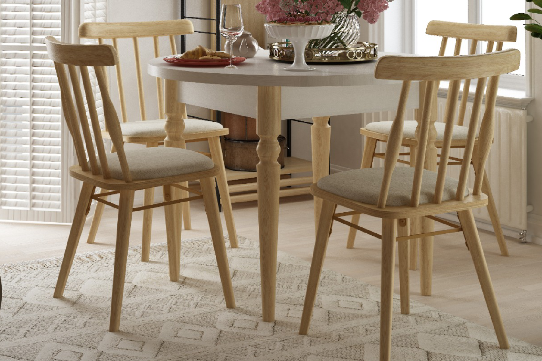 Vilinze Soma Sandalye Turna Yuvarlak Mutfak Masası Takımı Beyaz/Naturel