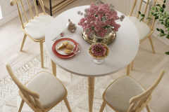 Vilinze Soma Sandalye Turna Yuvarlak Mutfak Masası Takımı Beyaz/Naturel