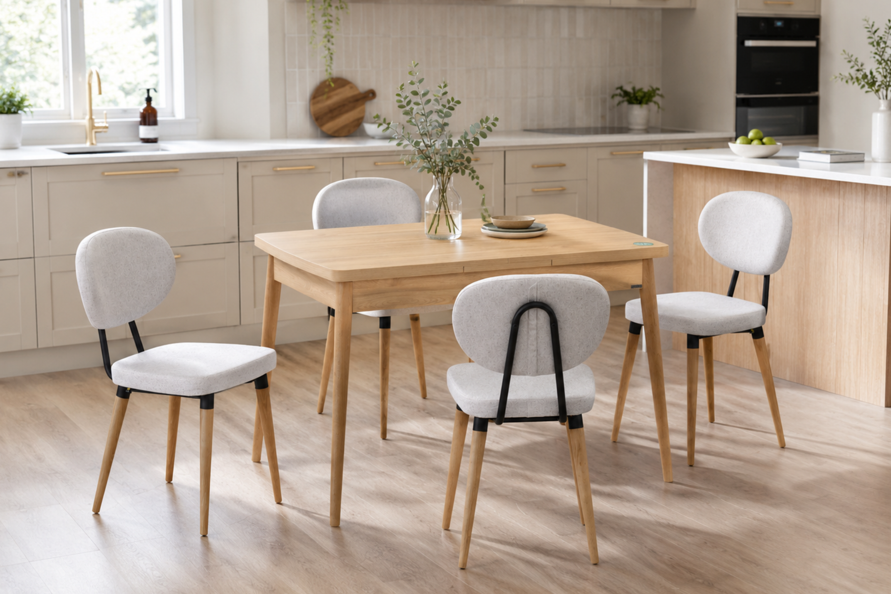Vilinze Akdeniz Sandalye Golf Naturel Ayak Mutfak Masası Takımı - 70x120 cm
