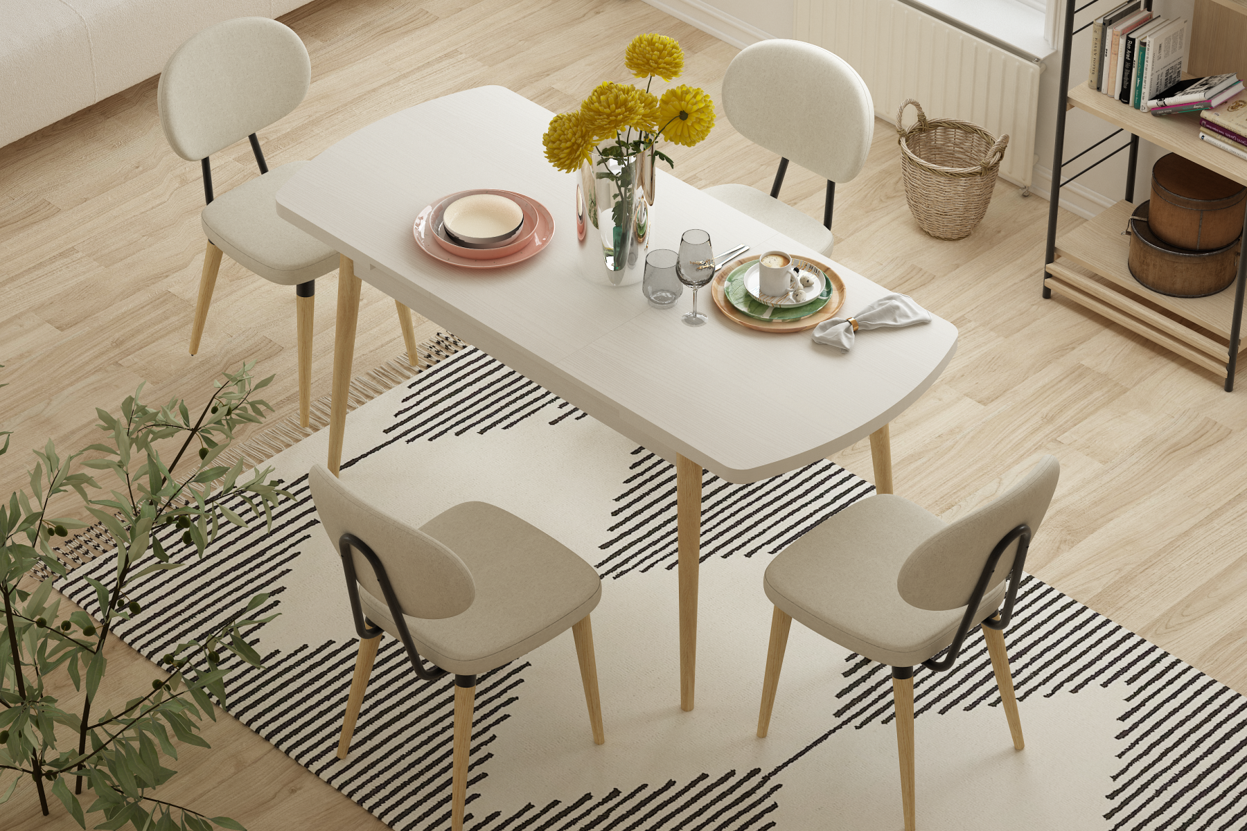 Vilinze Akdeniz Sandalye Golf Beyaz/Naturel Mutfak Masası Takımı - 70x120 cm