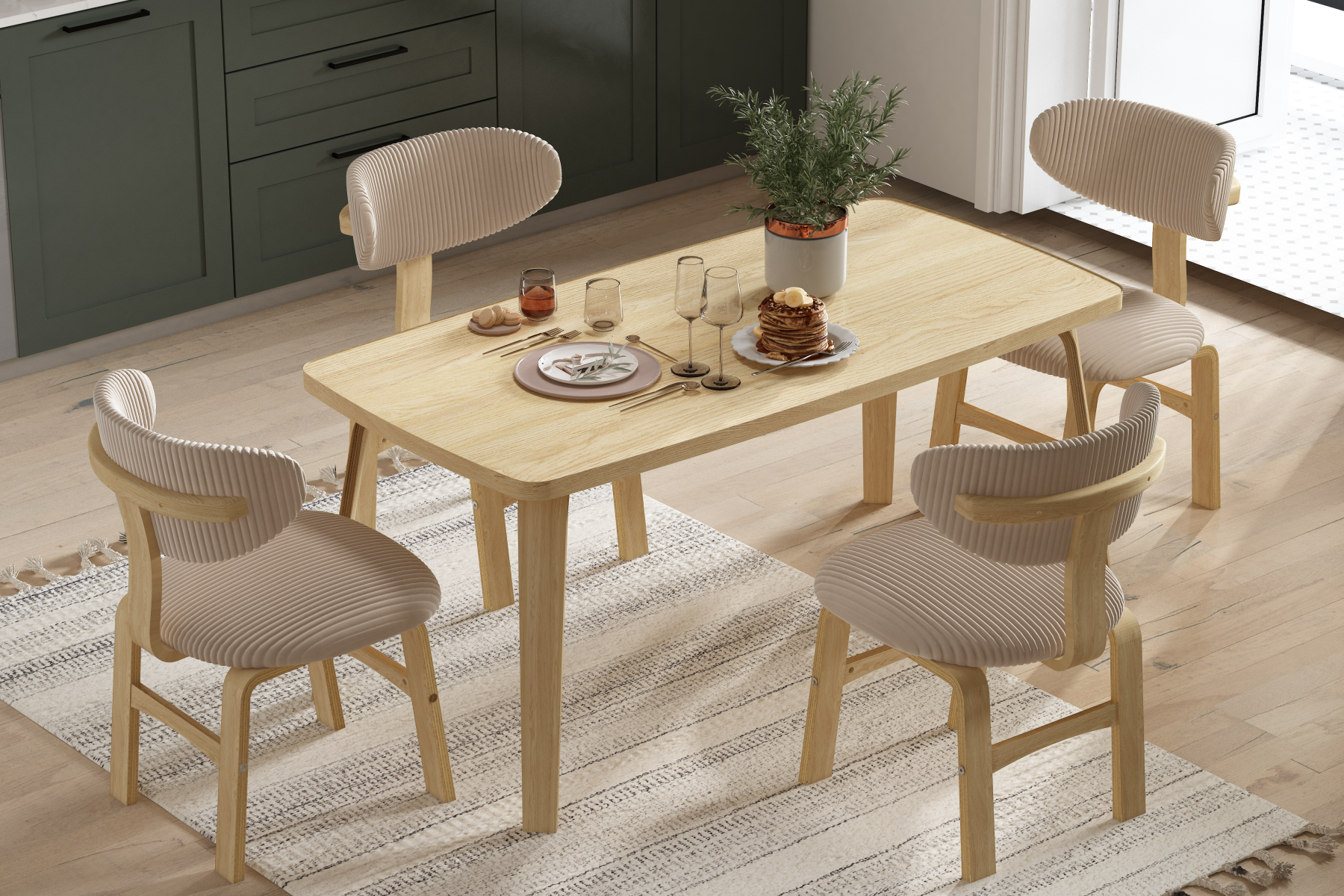 Vilinze Sofya Ahşap Sandalye Botan Ahşap Naturel Mutfak Masası Takımı - 90x180 cm