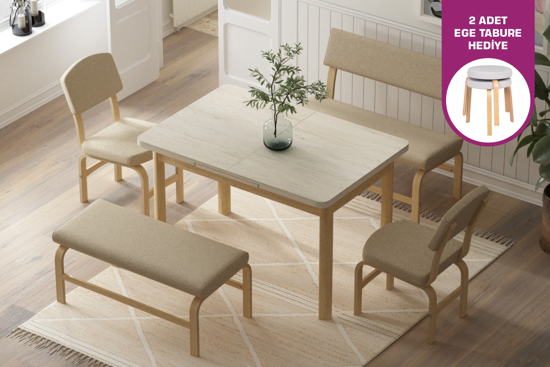 Vilinze Ege Sandalye Peri Bank Fırat Mutfak Masası Takımı - 80x120 cm Traverten/Naturel - Krem