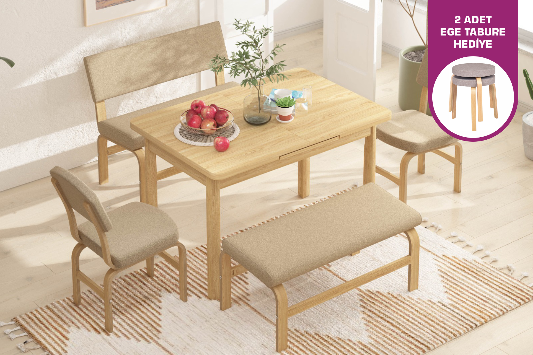 Vilinze Ege Sandalye Peri Bank Fırat Mutfak Masası Takımı - 80x120 cm Naturel - Kahverengi