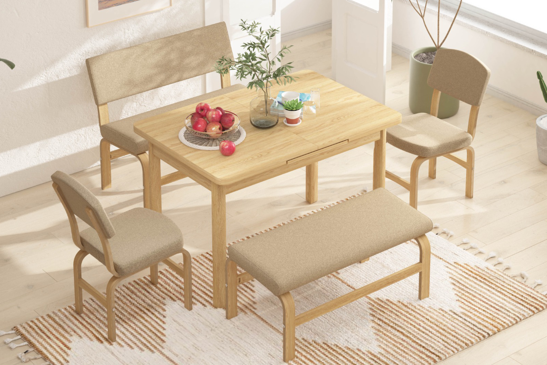 Vilinze Ege Sandalye Peri Bank Fırat Mutfak Masası Takımı - 80x120 cm Naturel - Kahverengi