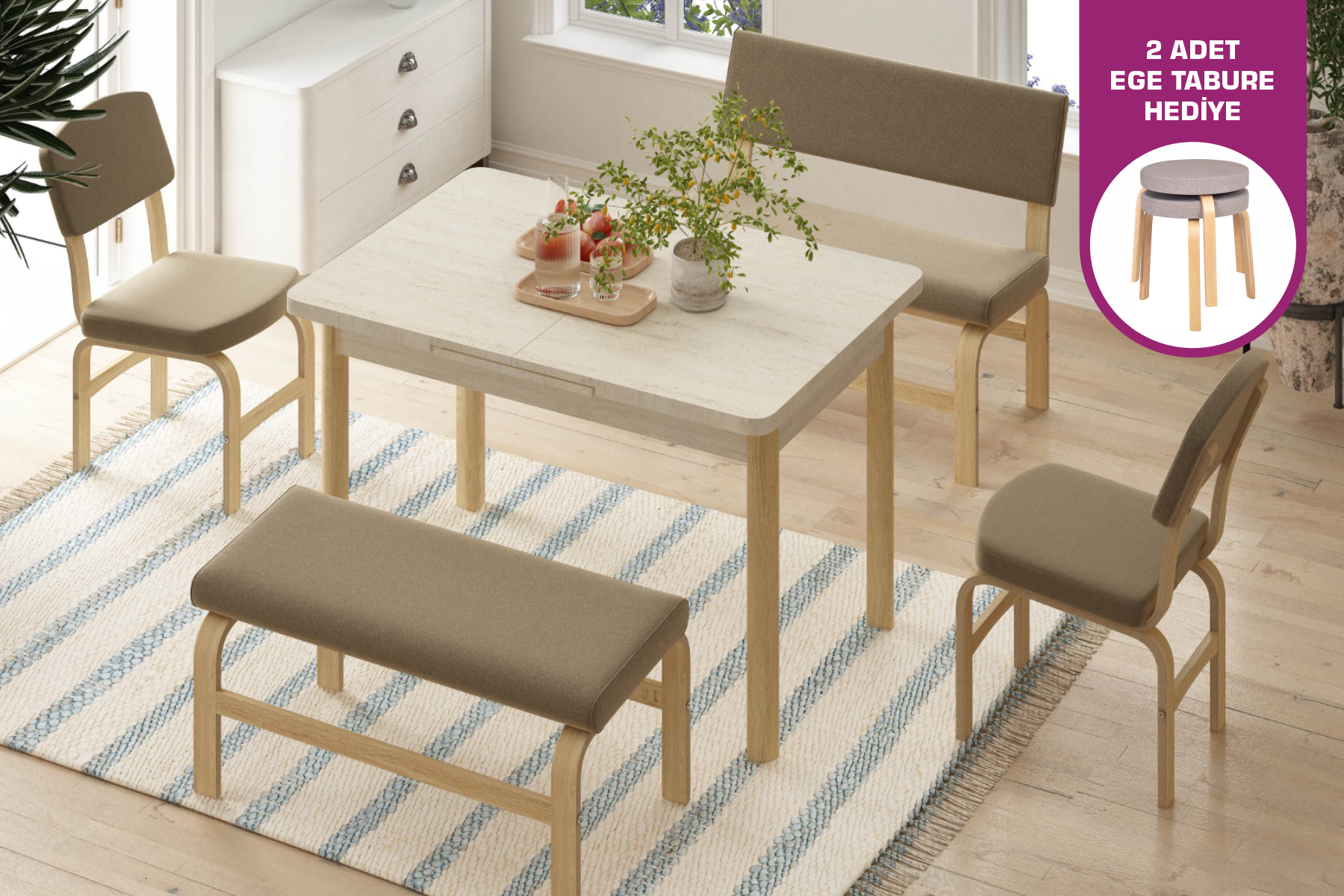 Vilinze Ege Sandalye Peri Bank Fırat Mutfak Masası Takımı - 80x120 cm Traverten/Naturel - Kahverengi