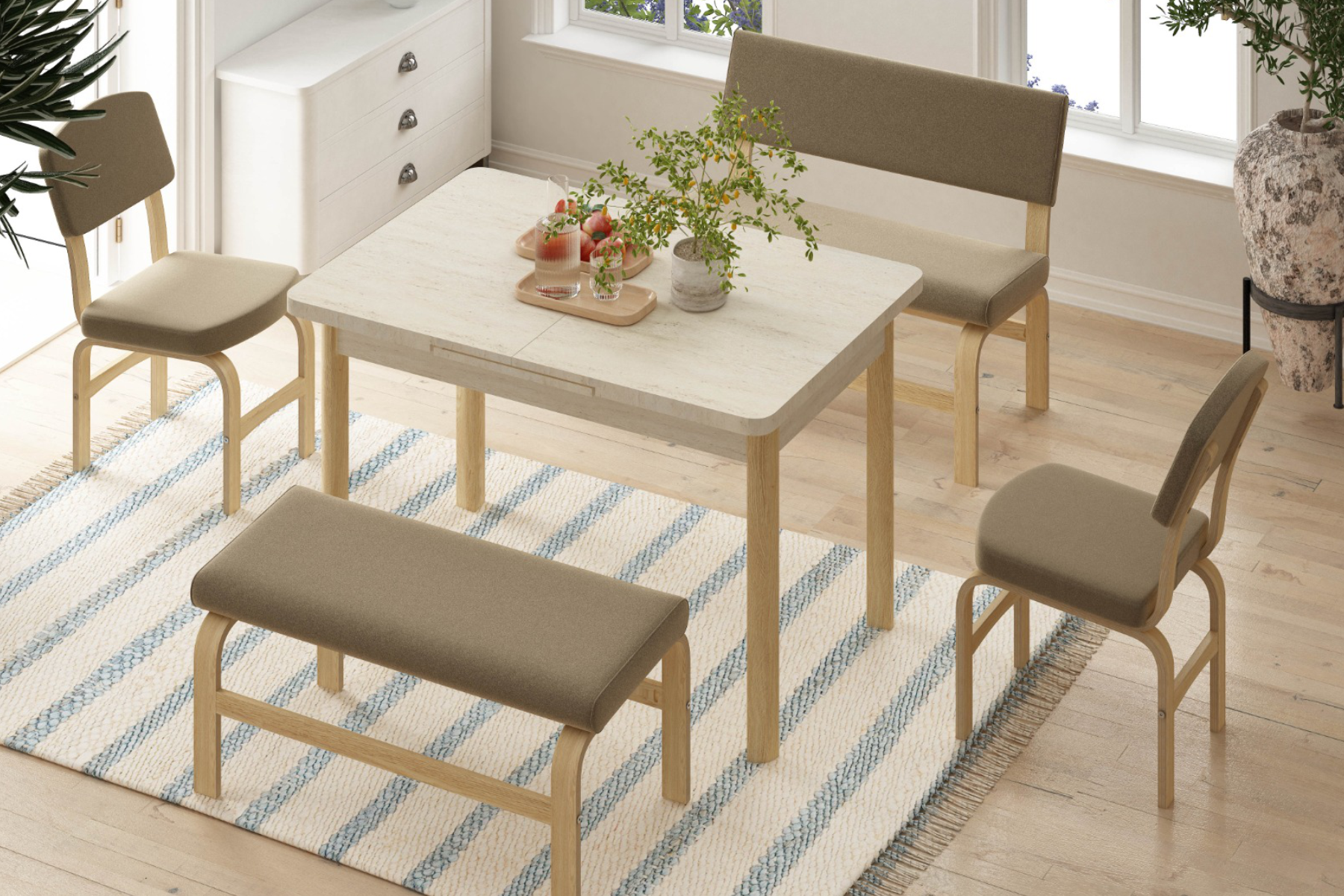 Vilinze Ege Sandalye Peri Bank Fırat Mutfak Masası Takımı - 80x120 cm Traverten/Naturel - Kahverengi