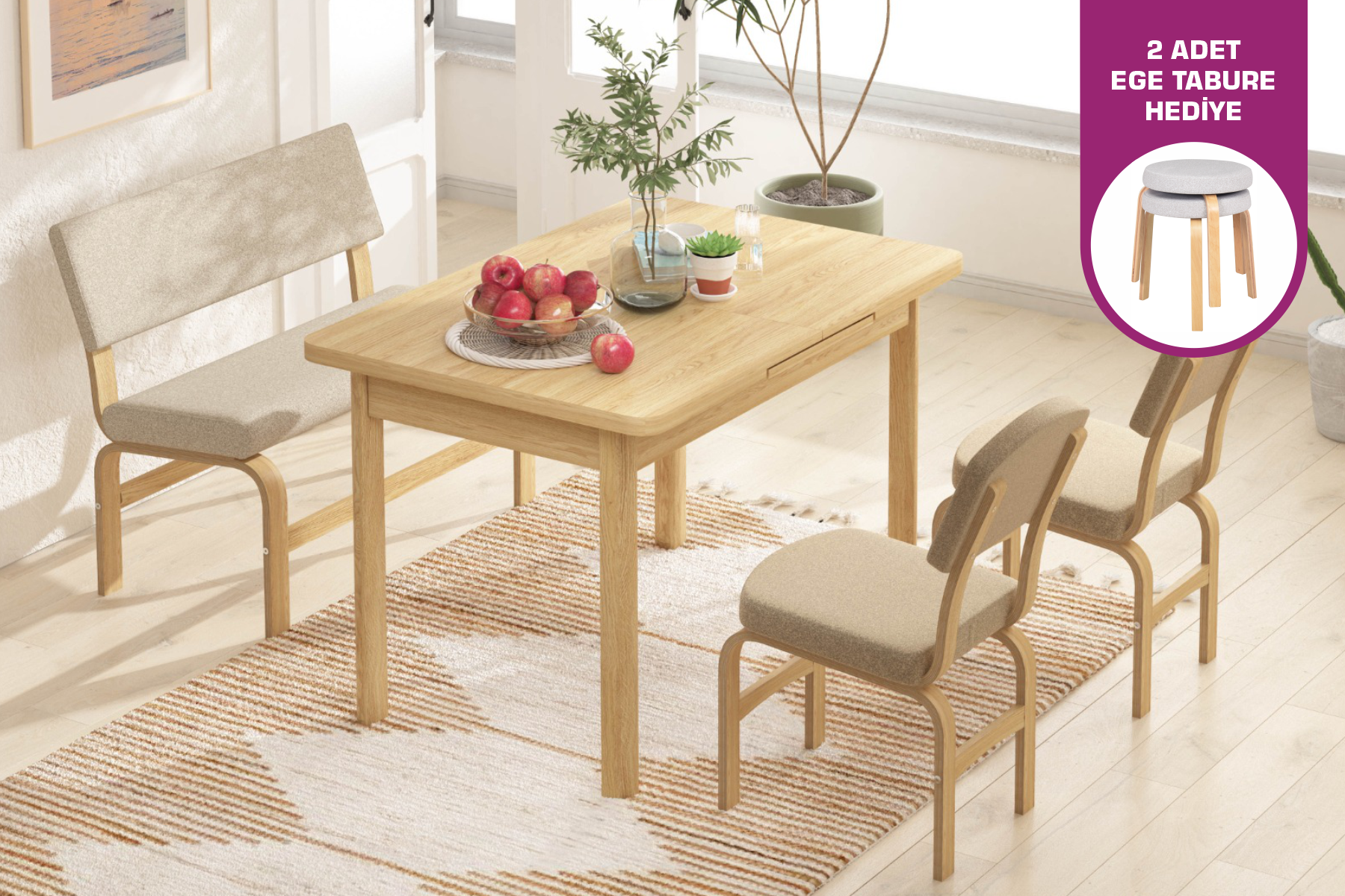 Vilinze Ege Sandalye Peri Bank Fırat Mutfak Masası Takımı - 80x120 cm Naturel - Krem