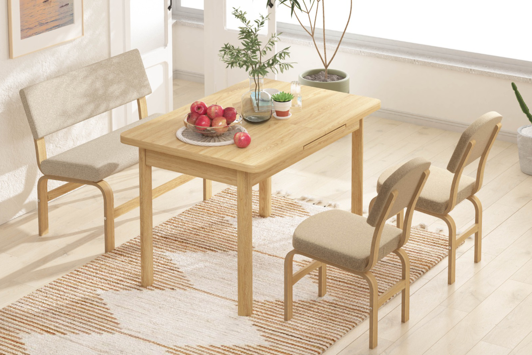 Vilinze Ege Sandalye Peri Bank Fırat Mutfak Masası Takımı - 80x120 cm Naturel - Krem