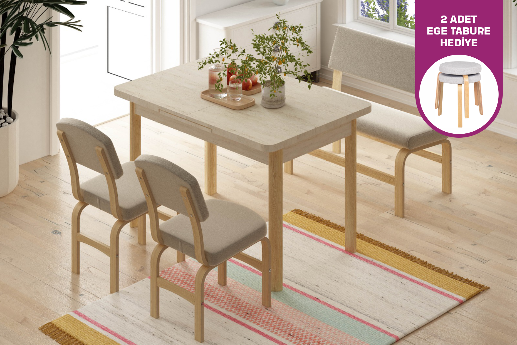 Vilinze Ege Sandalye Peri Bank Fırat Mutfak Masası Takımı - 80x120 cm Traverten/Naturel - Krem