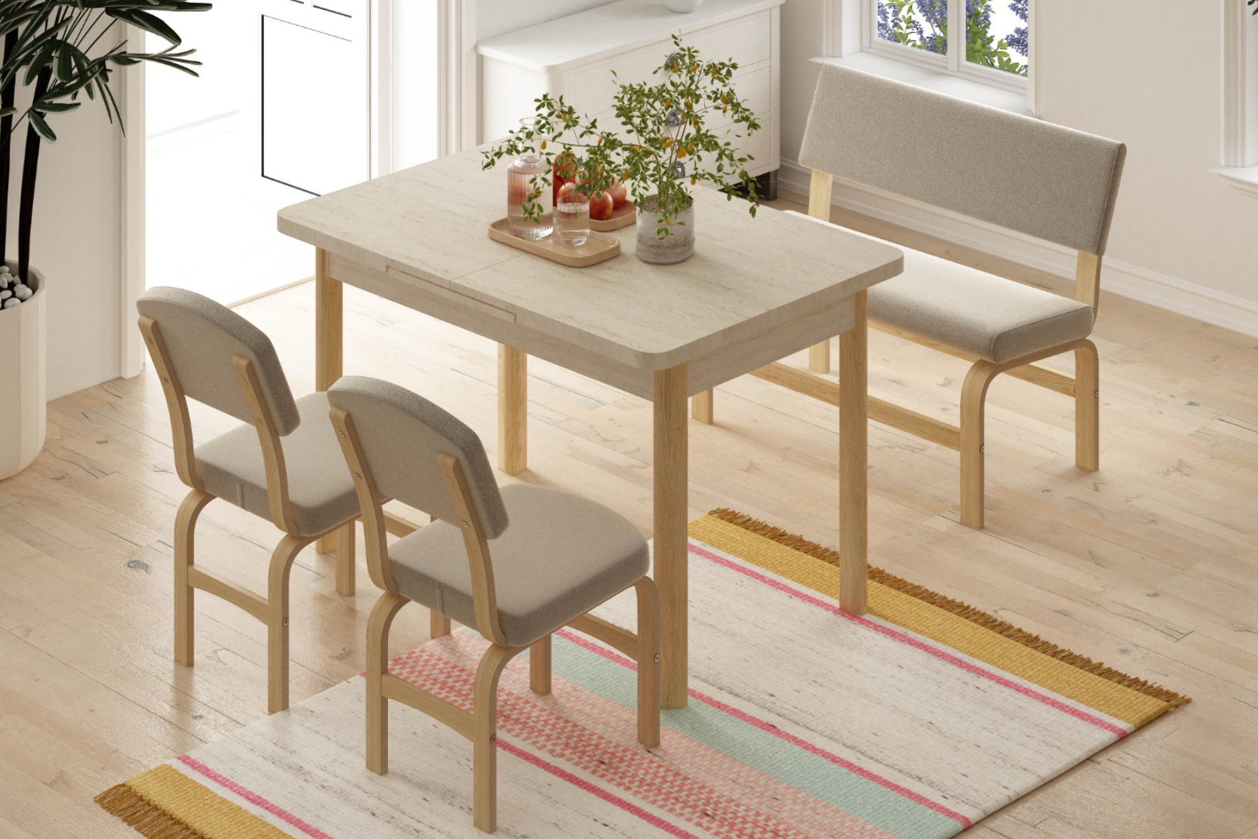 Vilinze Ege Sandalye Peri Bank Fırat Mutfak Masası Takımı - 80x120 cm Traverten/Naturel - Krem