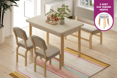 Vilinze Ege Sandalye Peri Bank Fırat Mutfak Masası Takımı - 80x120 cm Traverten/Naturel - Krem
