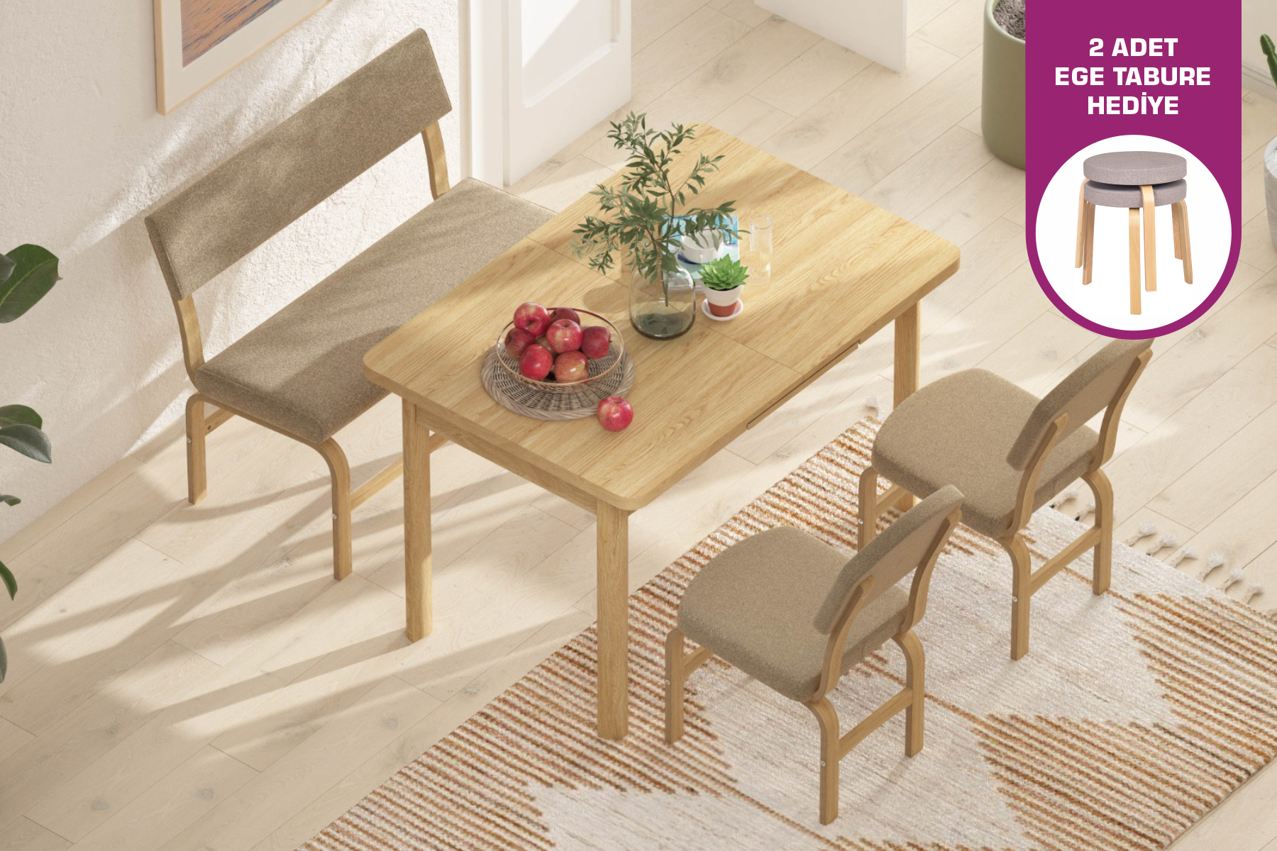 Vilinze Ege Sandalye Peri Bank Fırat Mutfak Masası Takımı - 80x120 cm Naturel - Kahverengi