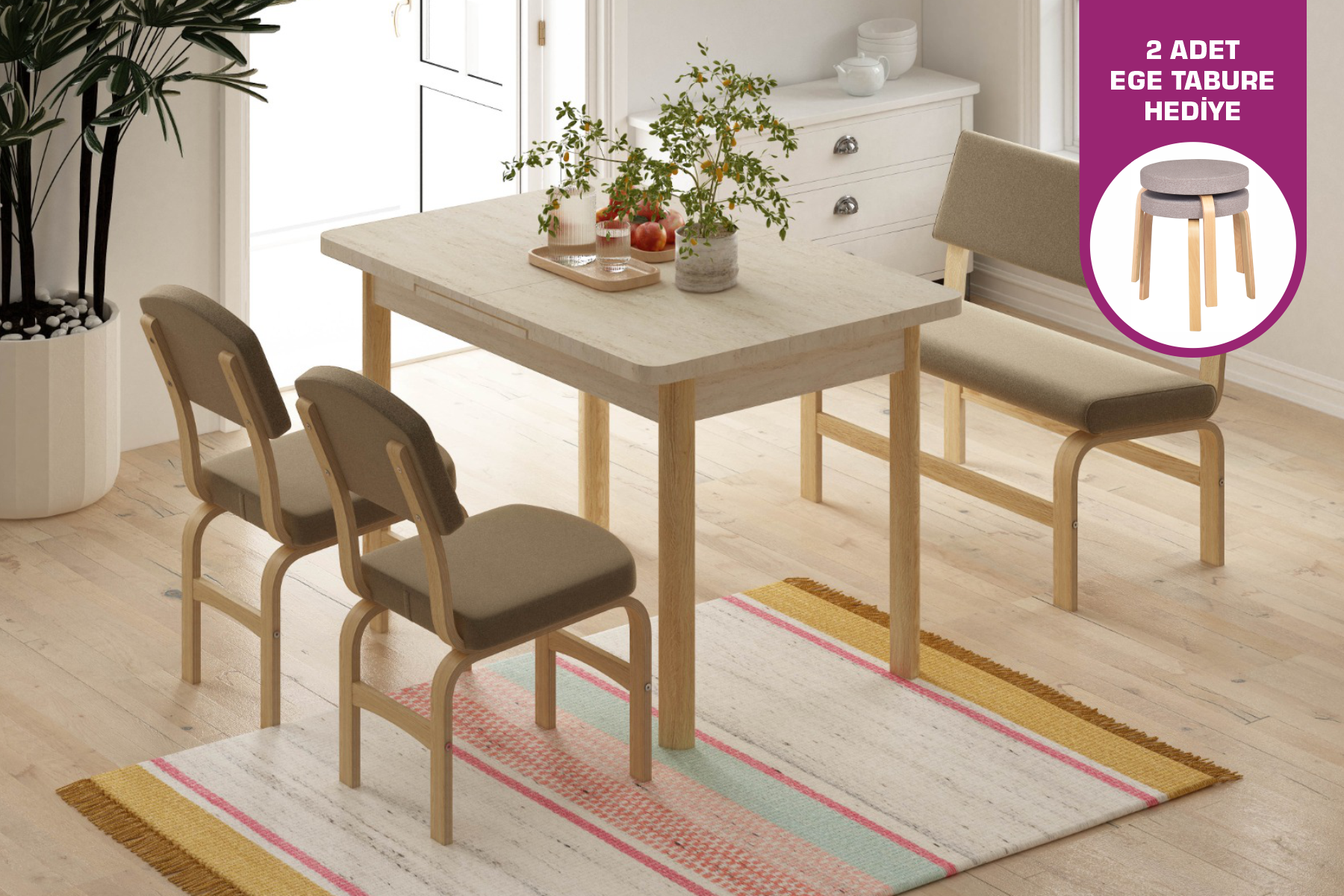 Vilinze Ege Sandalye Peri Bank Fırat Mutfak Masası Takımı - 80x120 cm Traverten/Naturel - Kahverengi