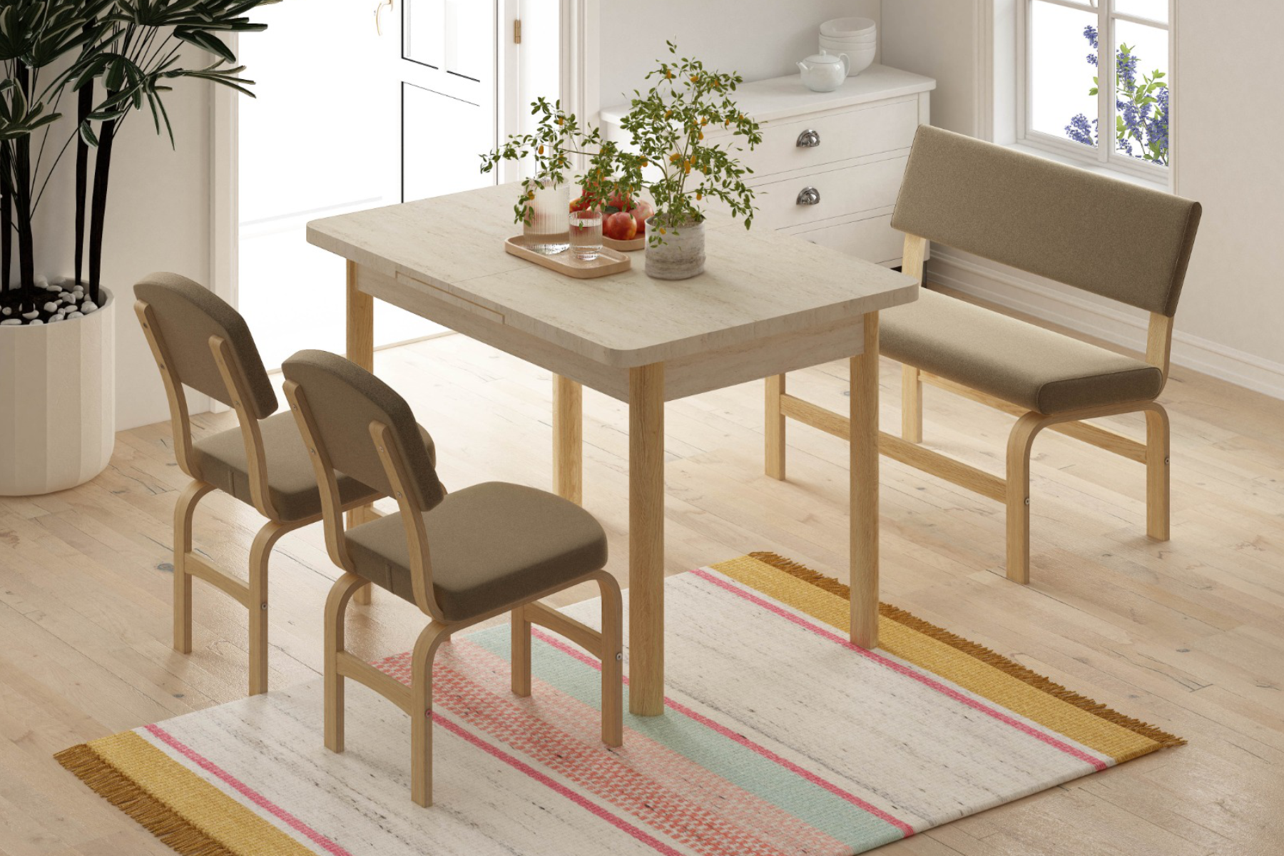 Vilinze Ege Sandalye Peri Bank Fırat Mutfak Masası Takımı - 80x120 cm Traverten/Naturel - Kahverengi