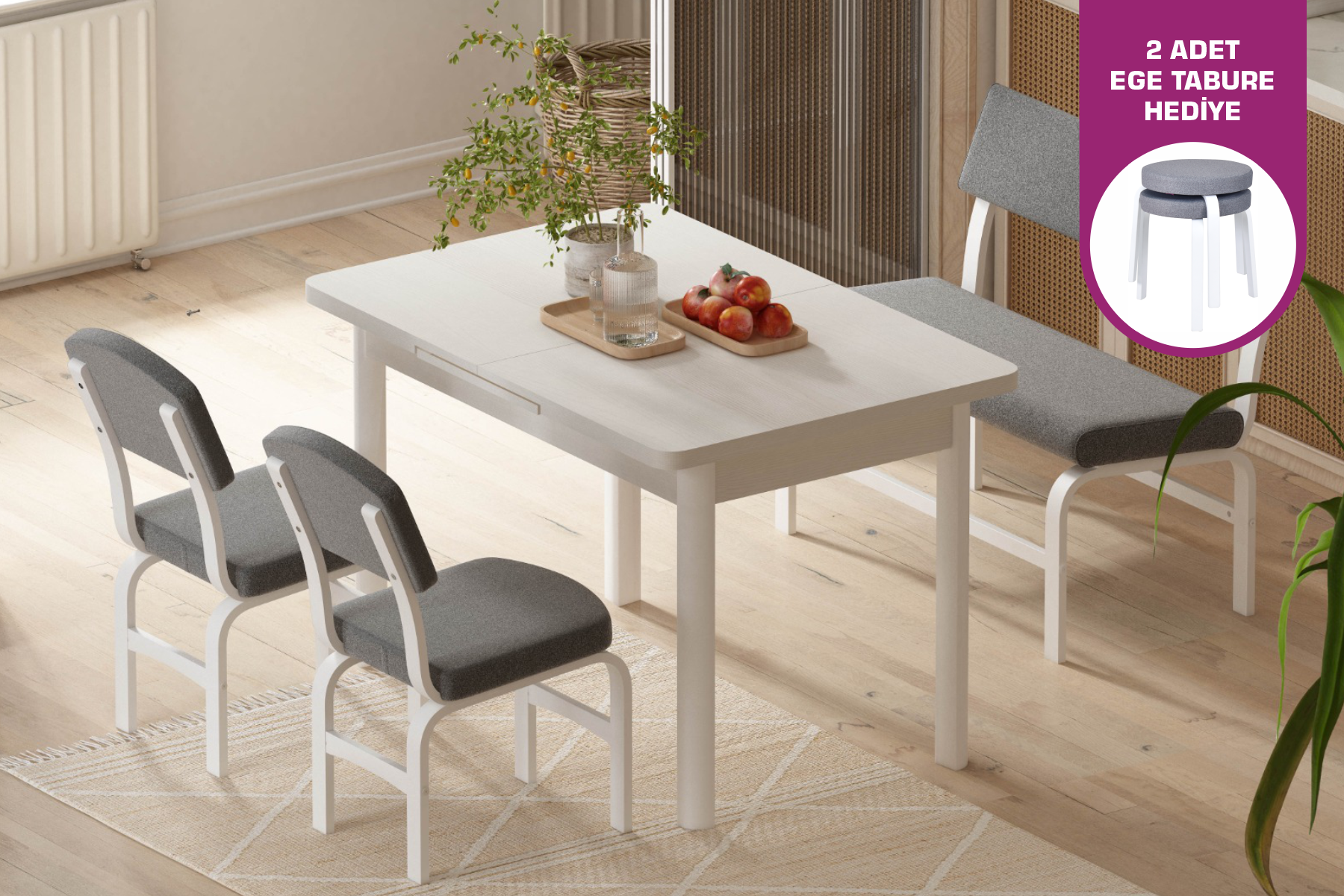 Vilinze Ege Sandalye Peri Bank Fırat Mutfak Masası Takımı - 80x120 cm Gri - Beyaz