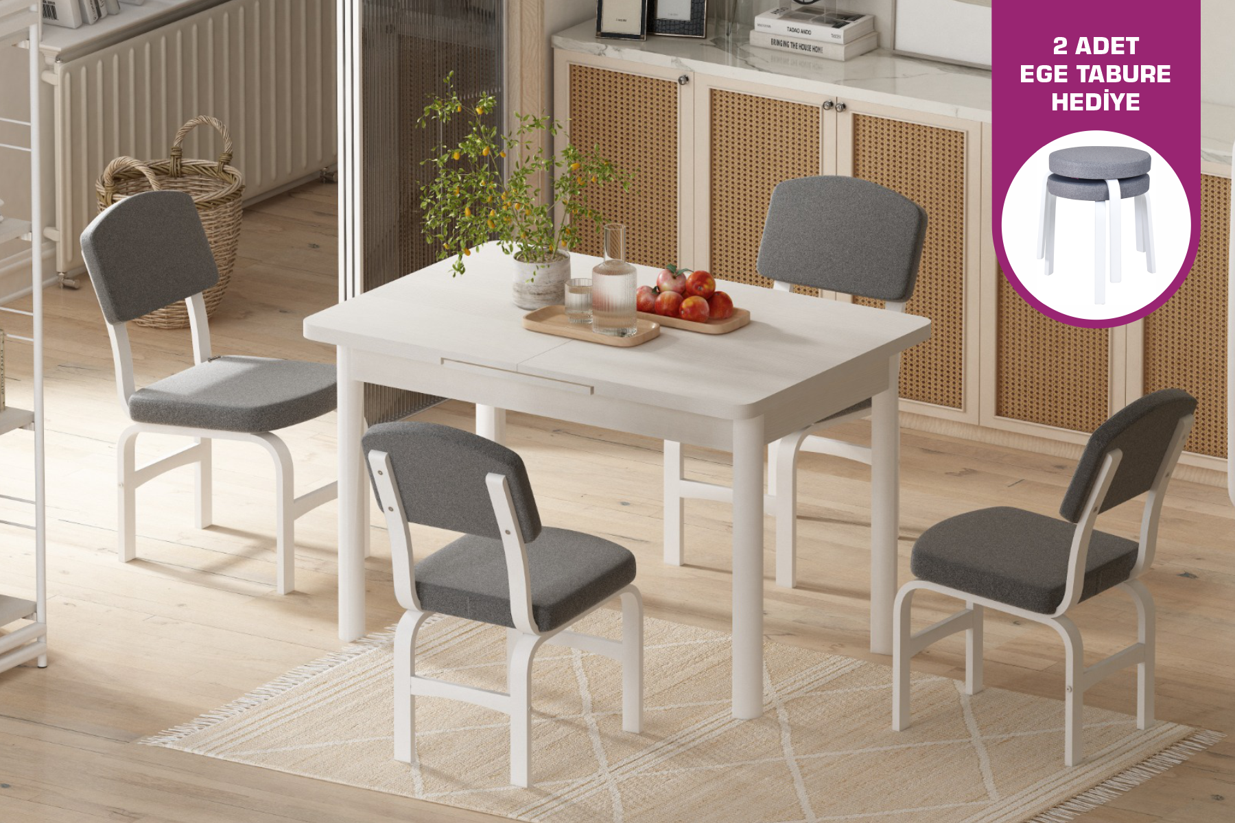 Vilinze Ege Sandalye Fırat Mutfak Masası Takımı - 80x120 cm Gri - Beyaz
