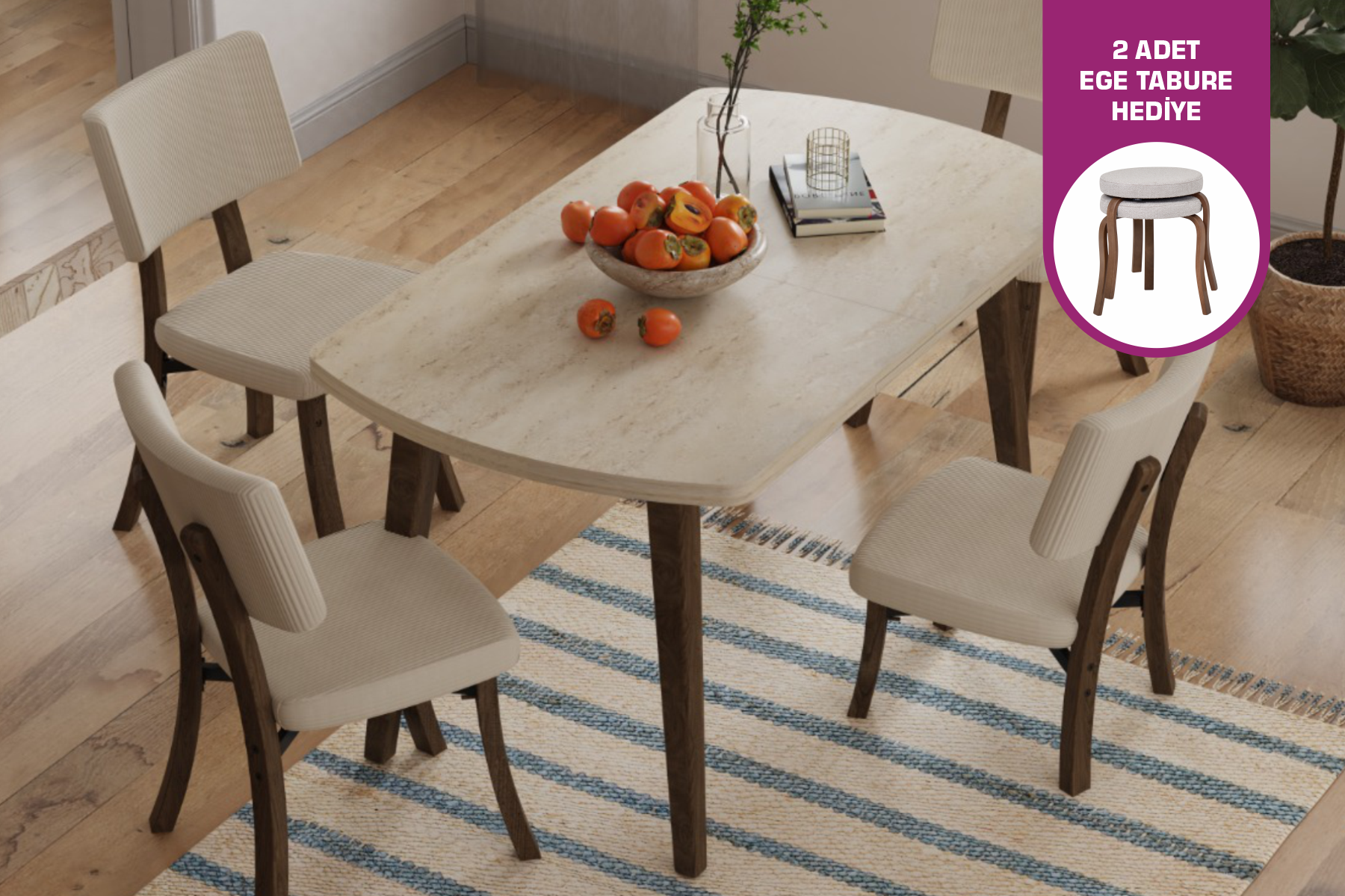 Vilinze Mir Ahşap Sandalye Aras Ahşap Traverten Mutfak Masası Takımı - 80x140 cm